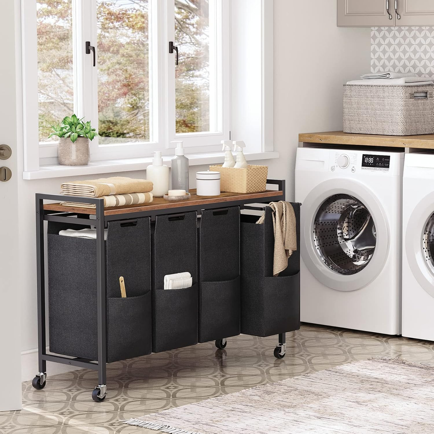 HOOBRO Laundry Sorter 4 Sections, Laundry Hamper with Wheels, 4 &times; 10.5 Gal (40 L), Rolling Laundry Basket, Pull-Out and Removable Oxford Fabric Bags, Rustic Brown and Black BF04XY01 image number 1