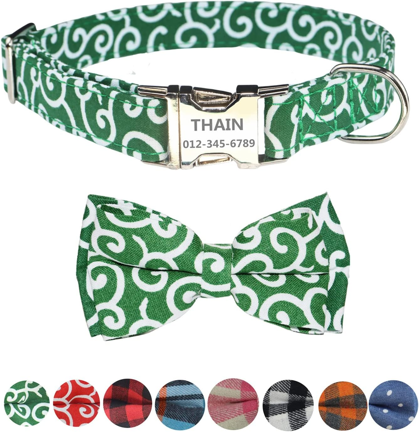 THAIN Custom Dog Collar Personalized for Male Female Dogs-Denis Dots,Plaid Pattern Engraved Pet Collars with Name Personalized Metal Buckle (S(Neck 9.8-13.8"), Denim Dots Blue)