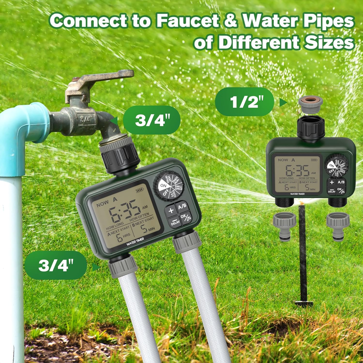 Advwin Water Timer, Smart Sprinkler Timer 2 Outlets, Rain Delay/Manual/Automatic Watering Modes, Digital Irrigation Controller for Garden Hose Faucet Yard Lawn