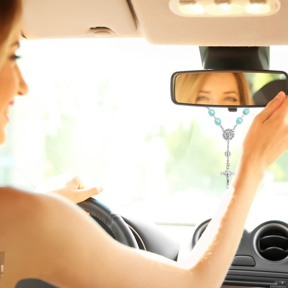 4 Pcs Rosary Beads Catholic, Finegood Cross Car Mirror Hanging Accessories Blessing Auto Rear View Mirror Pendant Car Decor Interior image number 4