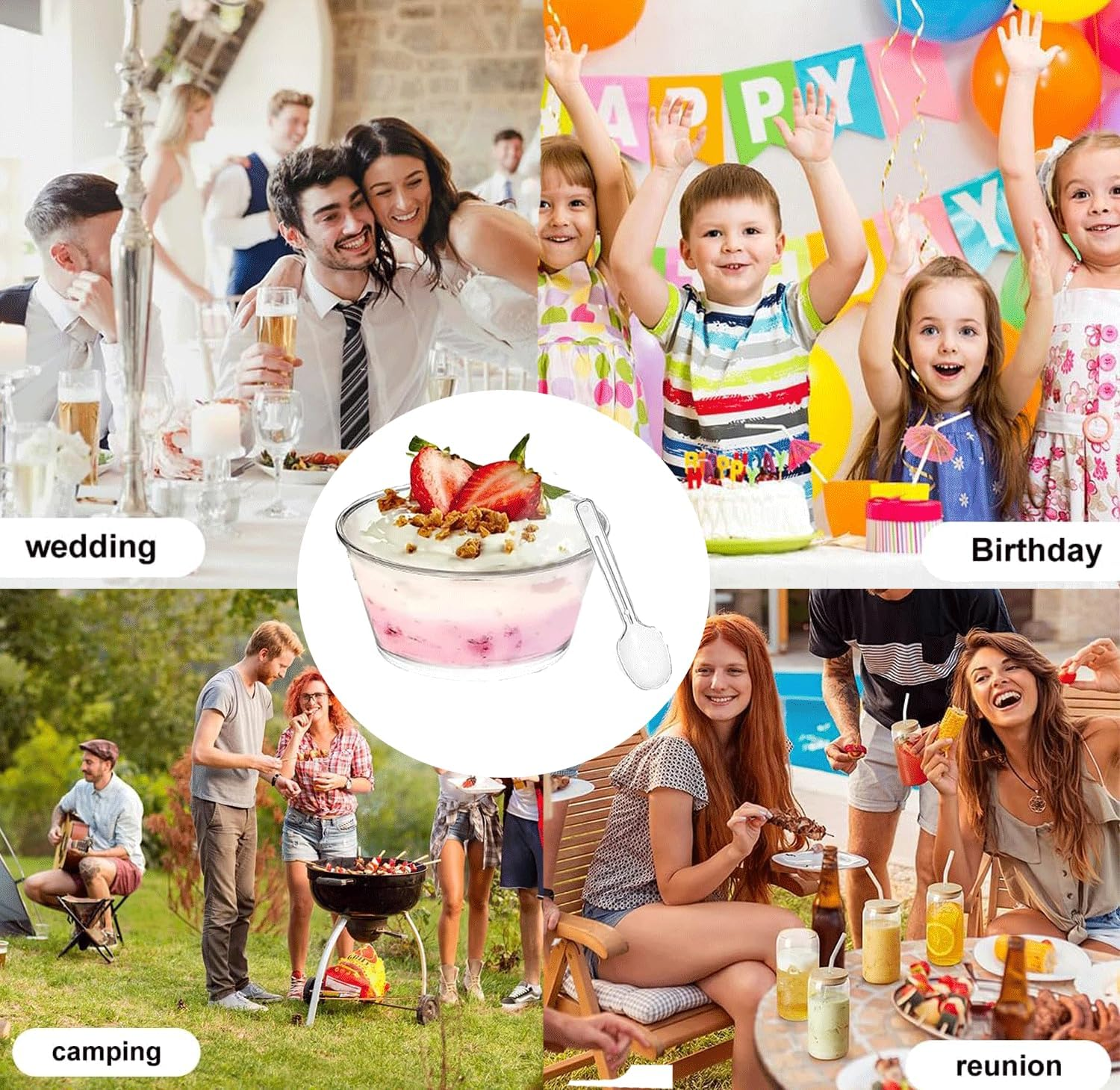 50 Mini Dessert Bowls with Spoons, 140Ml Circular Reusable Dessert Bowl, Transparent Plastic Dessert Bowl, for Parties, Birthdays, Puddings, Yogurt and Ice Cream. image number 1