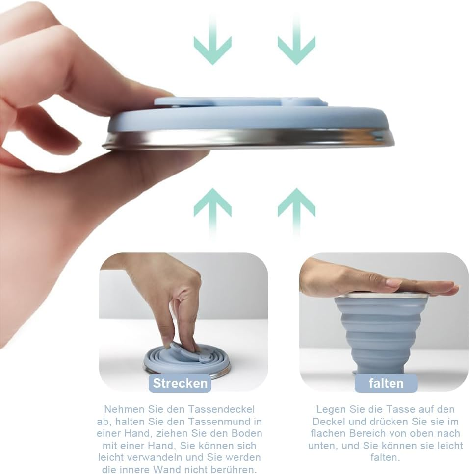 Foldable Cup, Pack of 2 Folding Cups, Silicone, Foldable Travel Mug, Foldable Silicone Cup with Lid, Reusable for Picnics, Camping, Outdoor, Hiking, Travel, 270 Ml, Sky Blue, Matcha Green