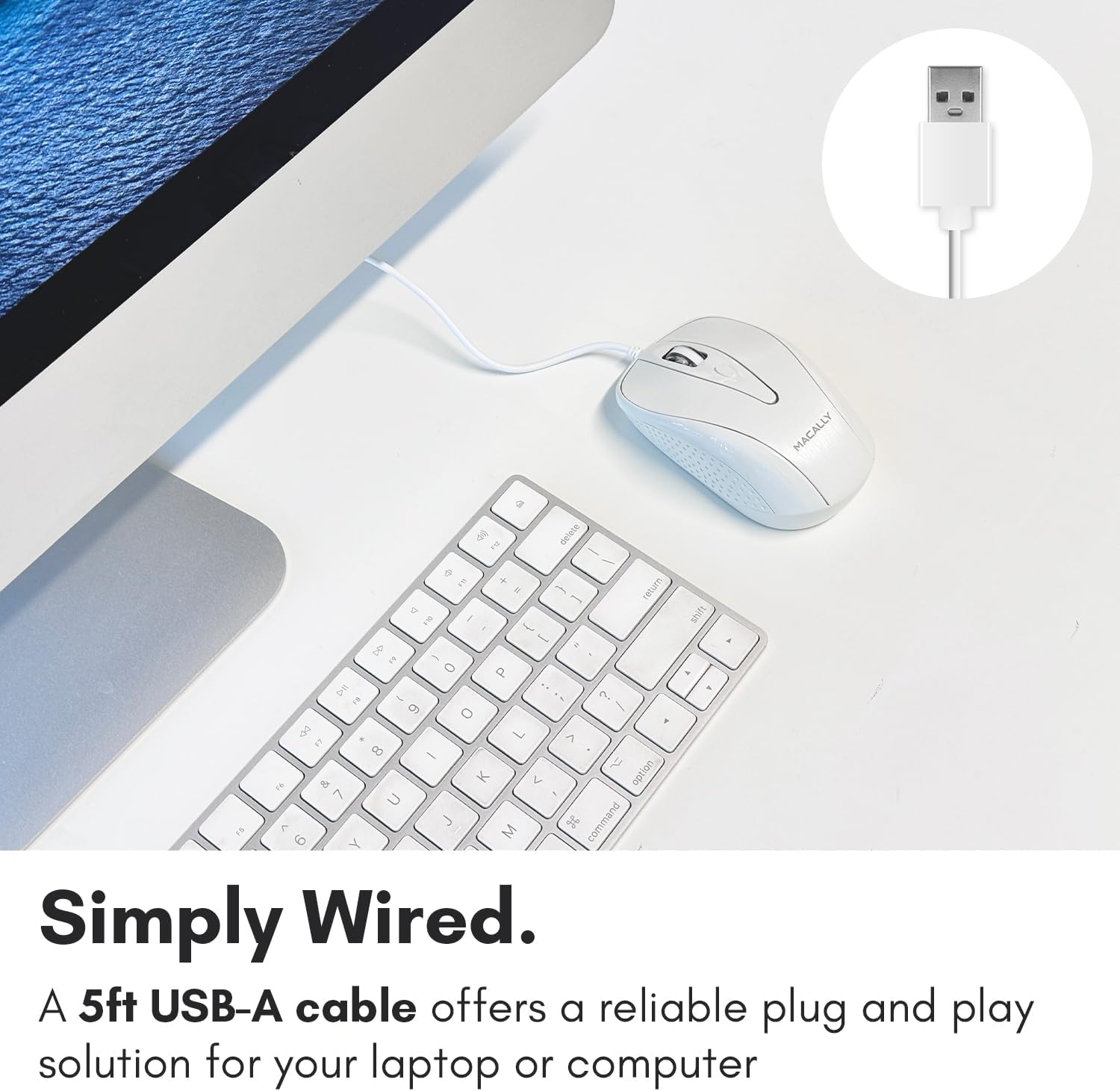 Macally USB Wired Mouse with 3 Button, Scroll Wheel, & 5 Foot Long Cord, USB Mouse for Laptop and Desktop, Computer Mouse Wired Compatible with Apple Macbook, Imac, Mac Mini, Windows PC, & Chromebook image number 1