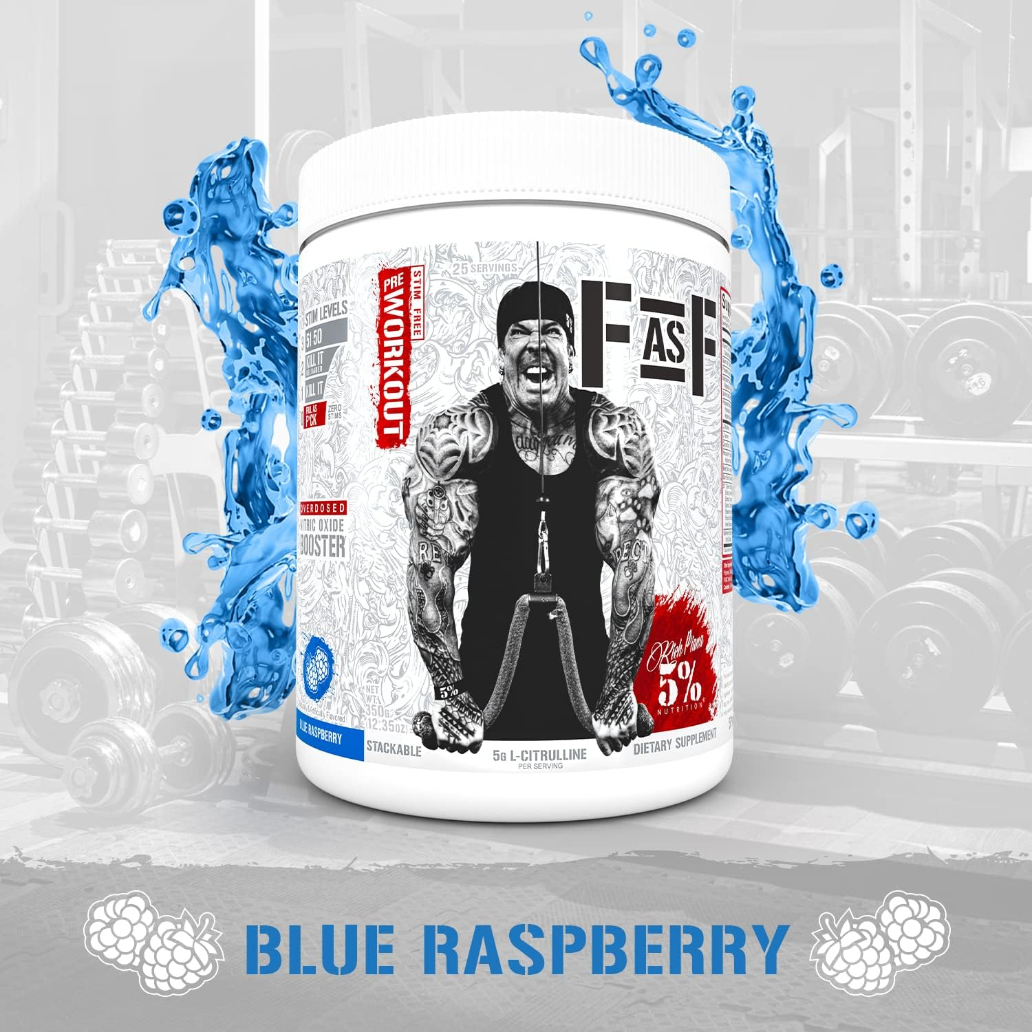 5% Nutrition Rich Piana Full AF Pre-Workout - Blue Raspberry | Zero Stims - Massive Pumps - Increased Blood Flow - Reduce Fatigue | Glycersize&trade; - Nitrosigine&reg; | - 25 Srvgs - 375G