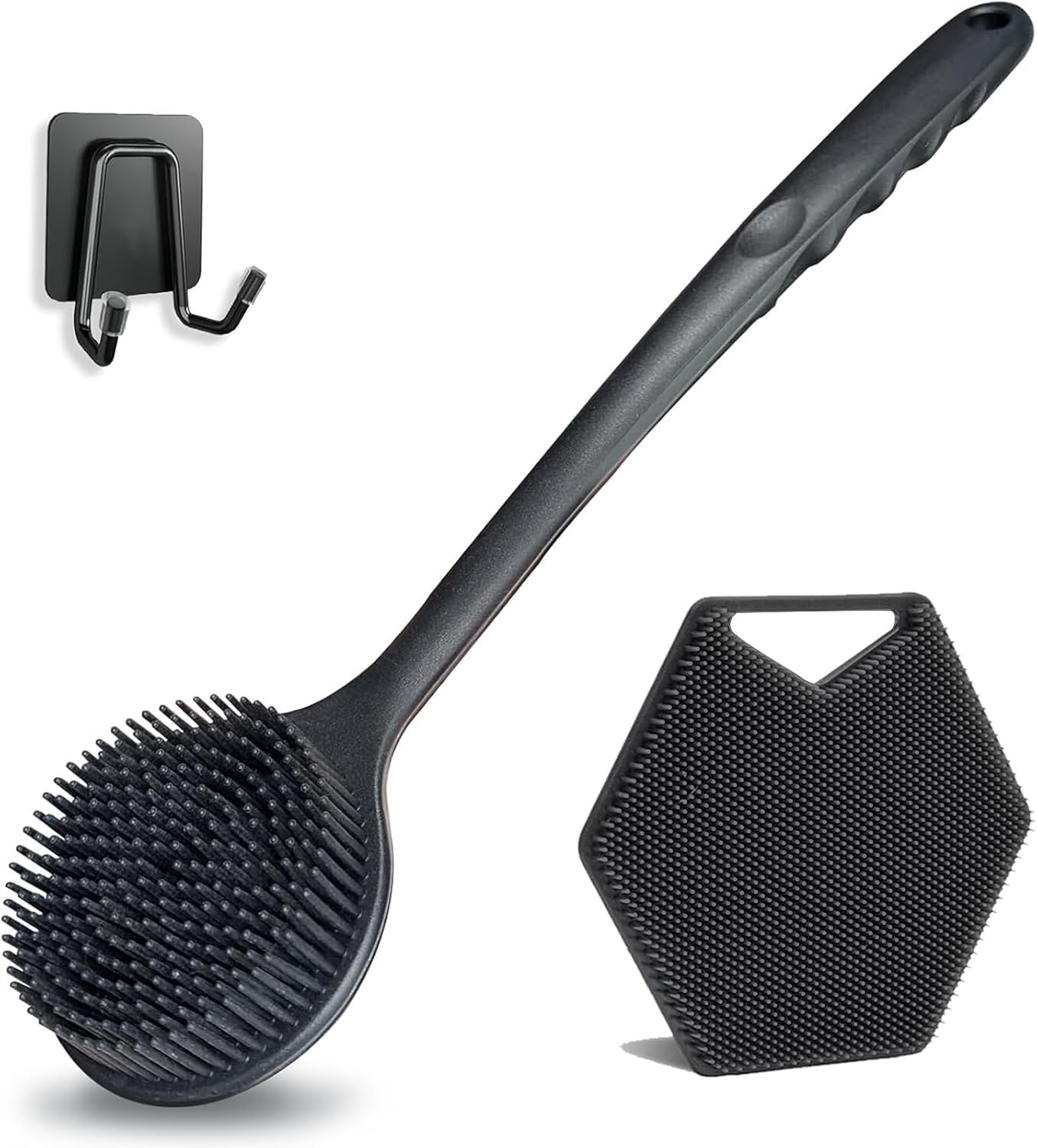3 in 1 Silicone Body Scrubber Set &ndash; Double-Sided Shower Brush with Long Anti-Slip Handle, Rich Lather Bath Brush with Hook for Men & Women (Black) image number 1