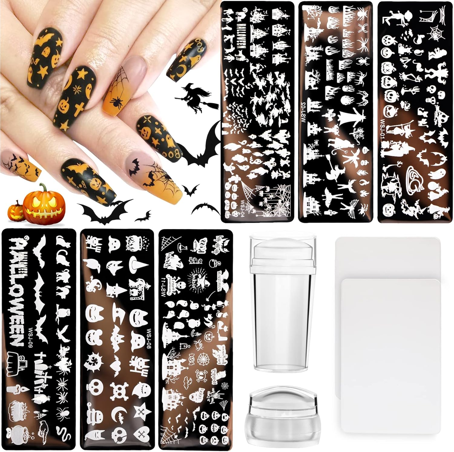 10Pcs Halloween Nail Stamp Plate Kit, 6Pcs Nail Art Image Templates 2 Stamper 2 Scraper Pumpkin Bat Witch Spider Owl for DIY Holiday Nail Art Stamping Stencils Design(Halloween Style) image number 6