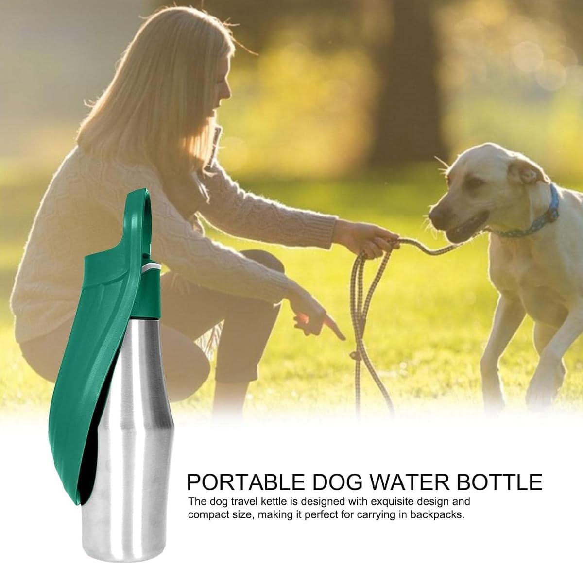 AIMALL Portable Stainless Steel Pet Water Bottle &ndash; 12In Outdoor Travel Dog Water Cup with PP Lid for Cats and Dogs, Leakproof Kettle for Hiking and Walking, Green image number 2
