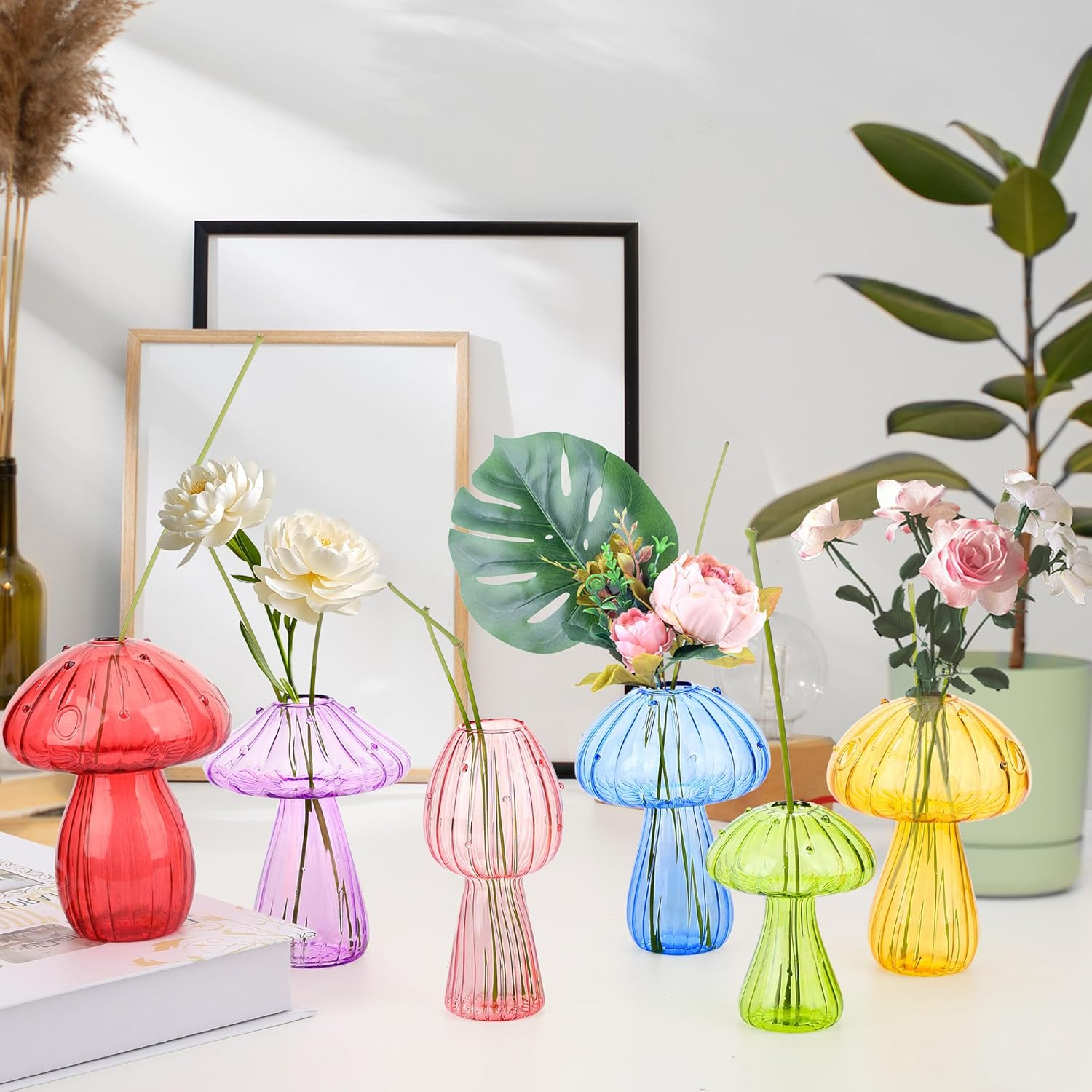 Plant Propagation Station, 6 Colored Glass Mushroom Vase Glass Planter, Gardening Gifts for Plant Lovers Women, Small Hydroponic Pots for Flowers-Desktop Terrarium for Home Office Decor, Room Decor image number 1