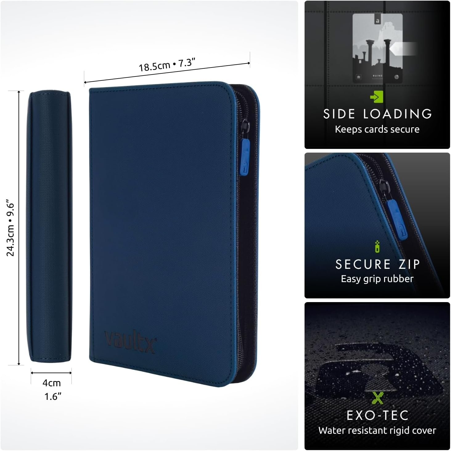 Vault X 4 Pocket Trading Card Zip Binder, 160 Cards, Premium Exo-Tec Album Material, 20 Side-Loading Pages, Folder for Collectible Card Games, Sports, TCG (Blue) image number 3
