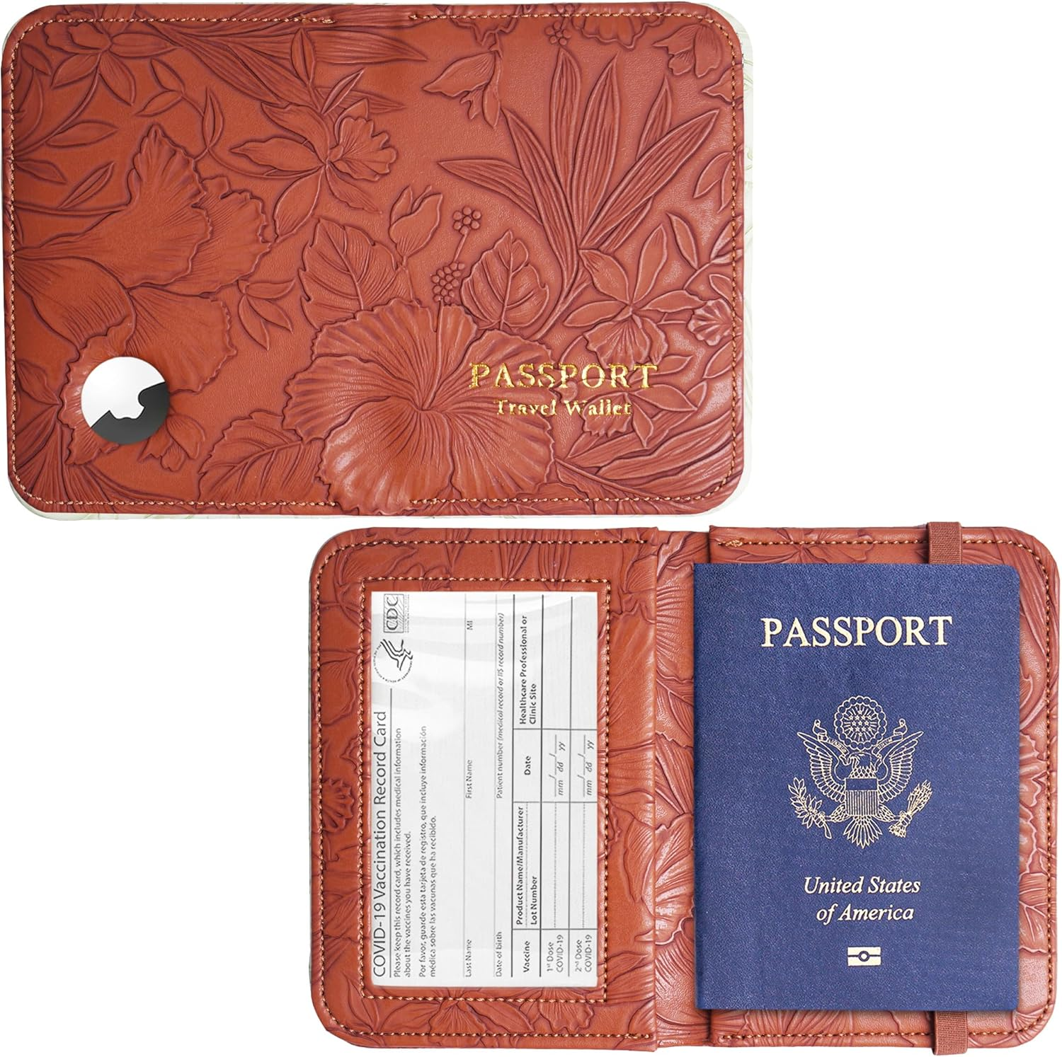 Lizimandu Passport Holder with Airtag Slot, Airtag Passport Wallet for Men Women, Slim Leather Passport Holder Case Family for Travel Anti-Lost, 1-Carved Light Brown, 1 Pcs