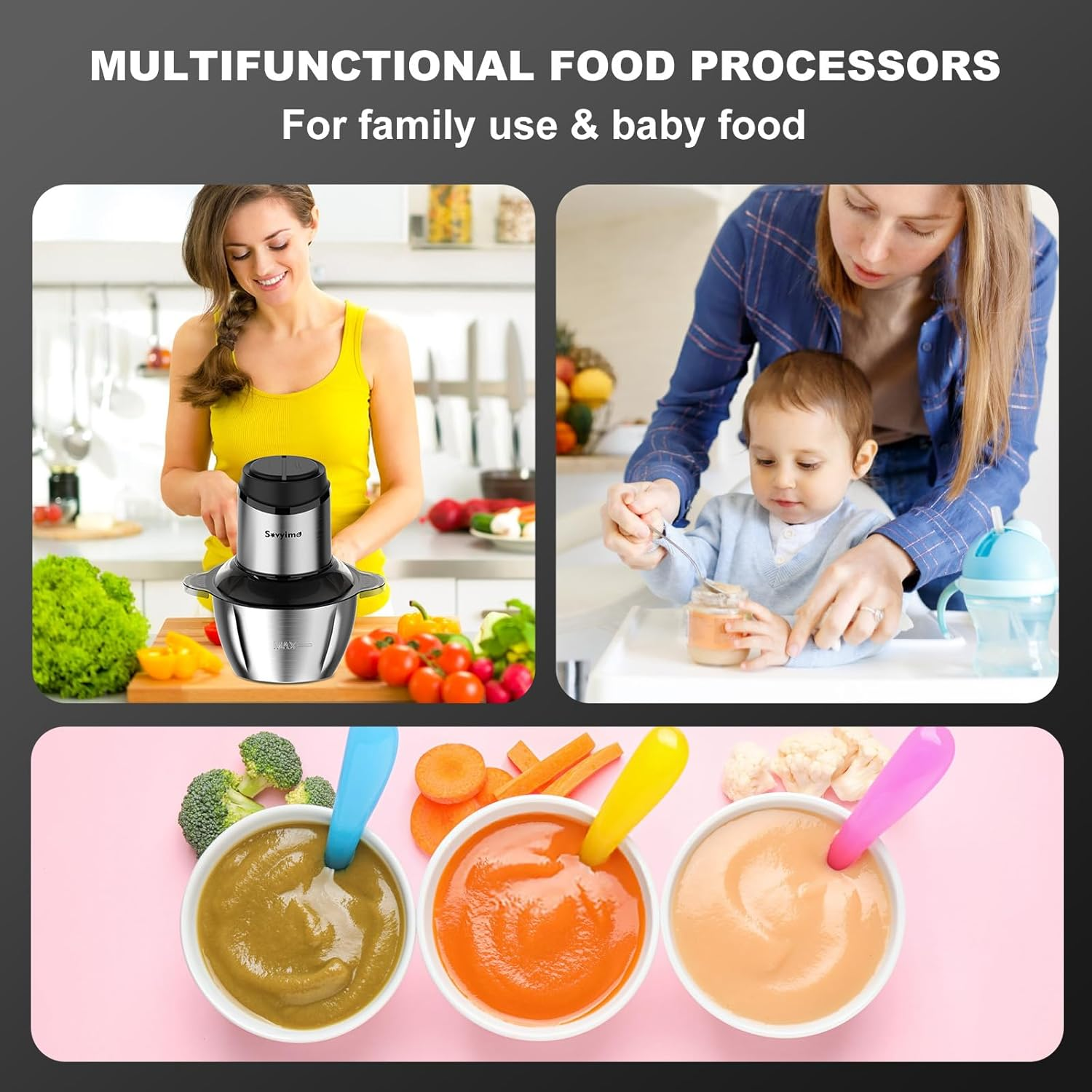 Sovyime Food Processor with 2 Bowls(2L+2L), Food Chopper with 2 Sets Bi-Level Blades, Mini Food Processor Vegetable Chopper Meat Grinder for Kitchen Electric Mini Chooper for Onion Salad Garlic Fruit image number 1