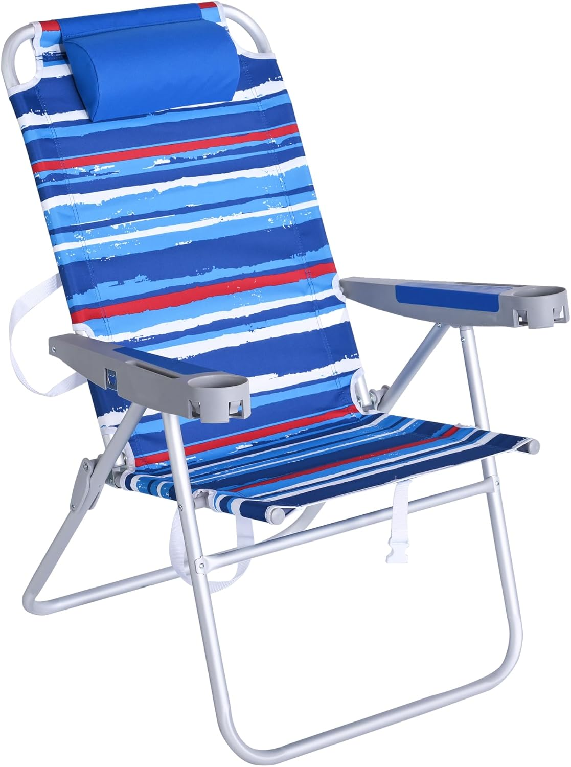 Sunnyfeel Folding Beach Chair 5-Postion Adjustable Reclining High Back Head Rest Aluminum Portable Lounge Chairs for Adults Outdoor (Darkblue Stripe)