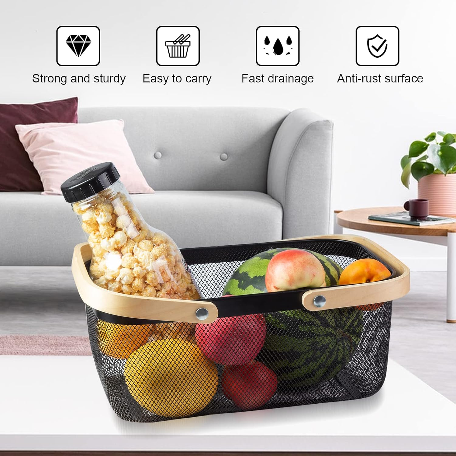 Portable Garden Harvest Basket-Mesh Design Natural Bamboo Handle Wire Storage Baskets,Mesh Basket with Handle Organize Items Reduce Space Occupation,Suitable for Kitchen,Garden,Picnic(Black) image number 4