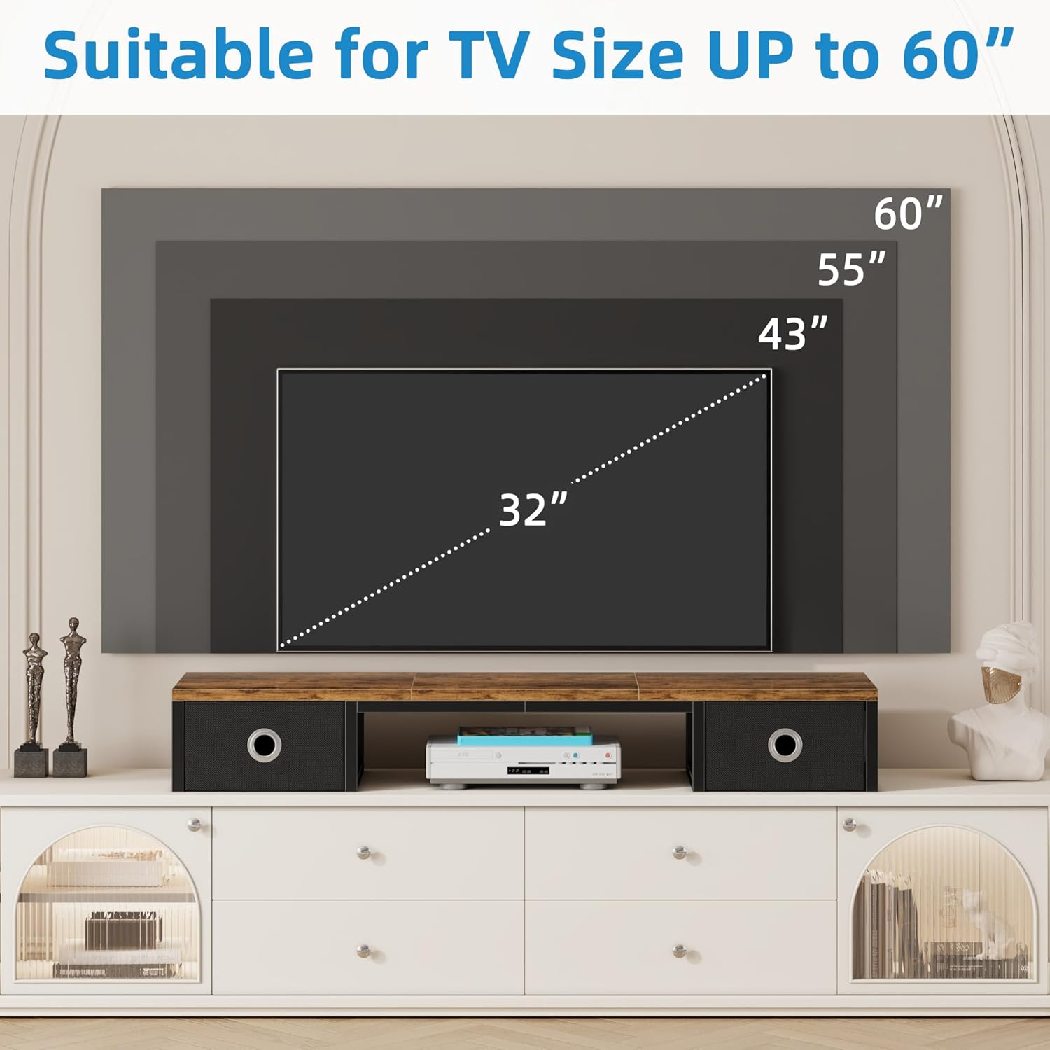 YAOHUOO 45" Large TV Riser with Fabric Drawers for 32-60 Inch TV, TV Stand Riser with Steel Legs, Tabletop TV Riser Shelf, Monitor Stand Riser for Home Office, Rustic Brown image number 2