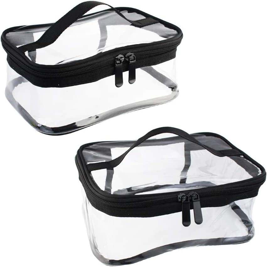 2 Pack Portable Clear Makeup Bag Zipper Waterproof Cosmetics Bag Transparent Travel Storage Carry Pouch PVC Zippered Toiletry Bag Organizers with Handle for Vacation Travel (Black, 23 * 17 * 11CM) image number 6