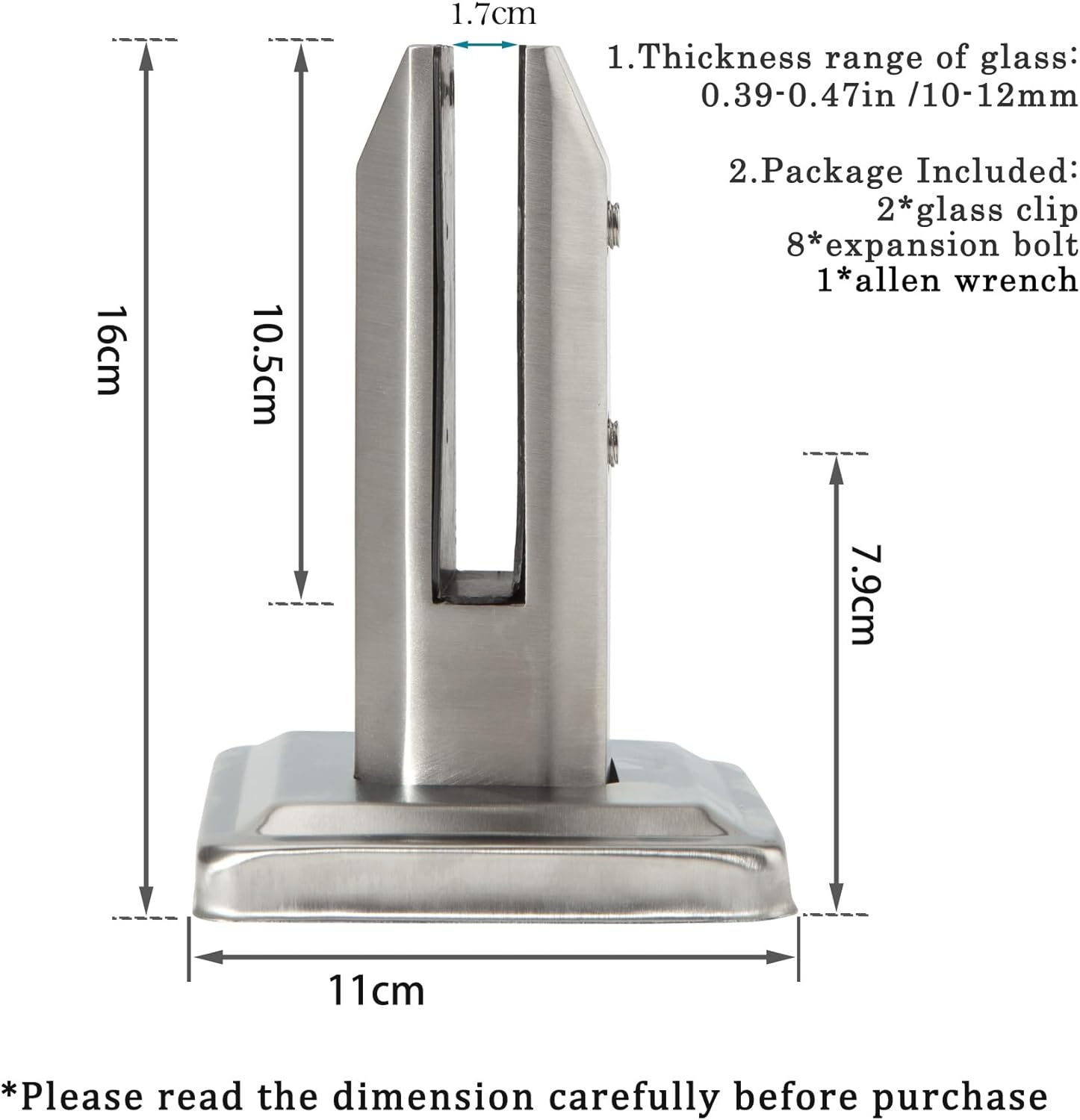 2Pieces Glass Railing Clamp for 10Mm 12Mm 304 Stainless Steel Spigot Clip Heavy Duty Sliver Square Holder for Fence Swimming Pool Courtyard Balcony Stairs (1/2In 3/8In Glass) image number 1