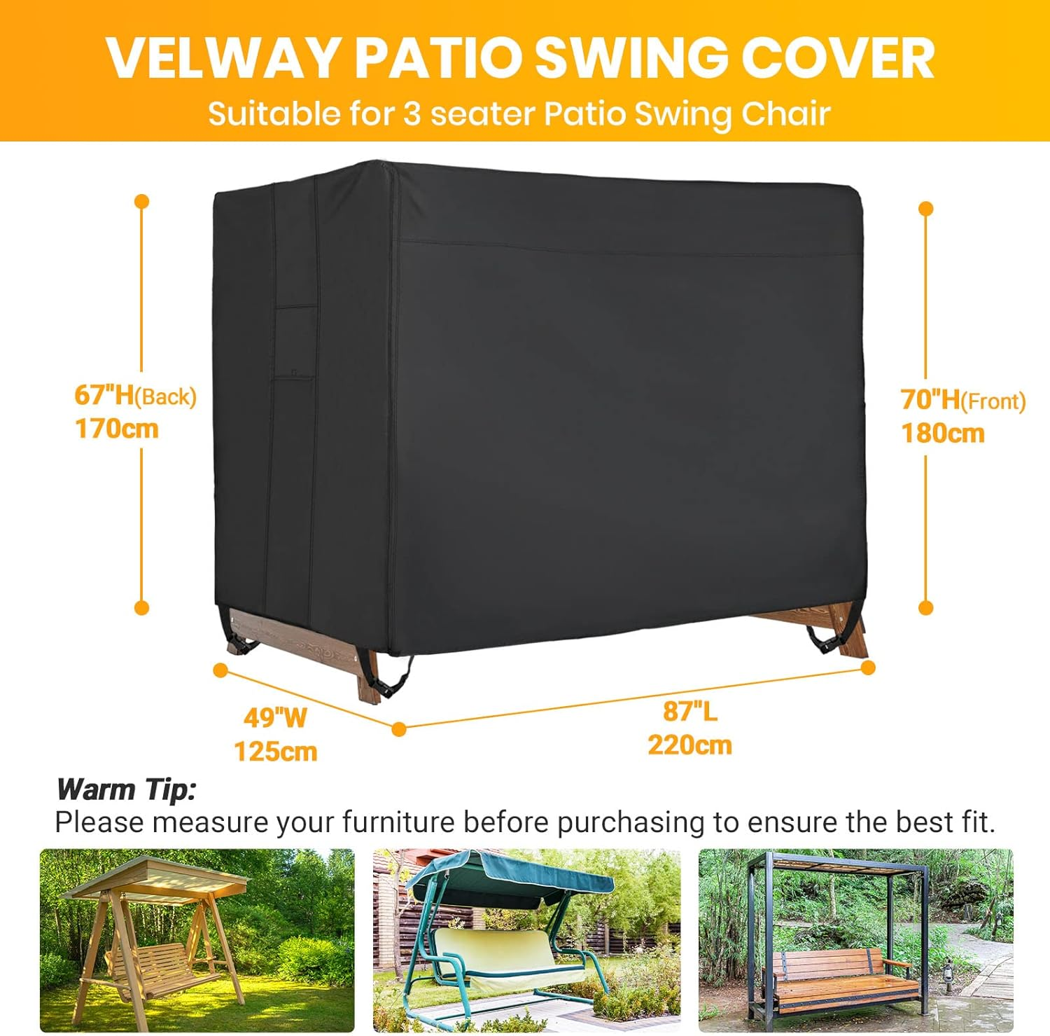Velway Outdoor Swing Cover 3 Triple Seater Waterproof Patio Hammock Cover 87X49X70 All Weather Windproof Glider Chair Cover for Garden Furniture, Black image number 5