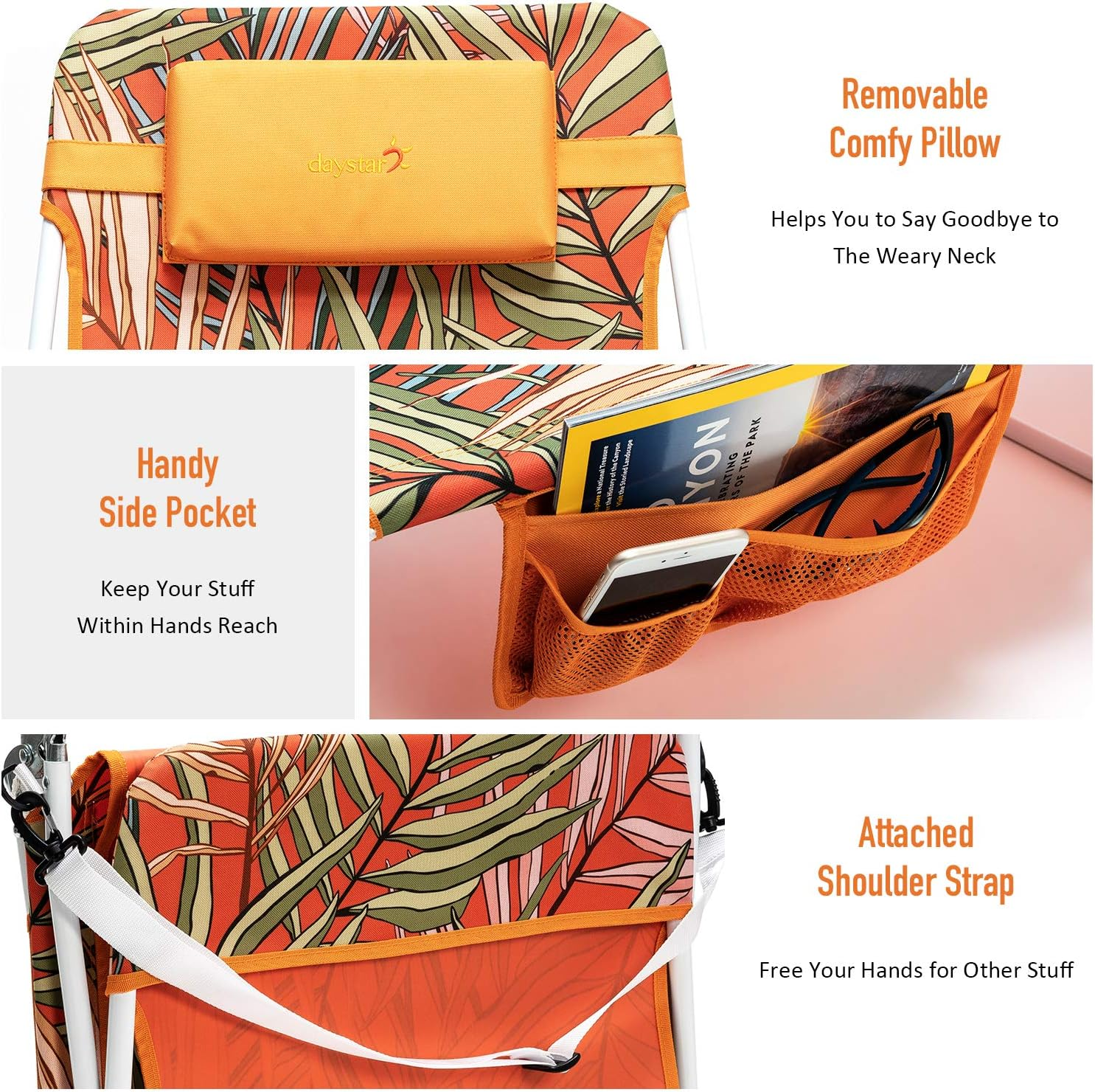 Sunnyfeel Folding Beach Lounge Chair with Detachable Pillow, Chaise Longue Exterieur, Sun Lounger for Adults Outdoor Camping (Orange)