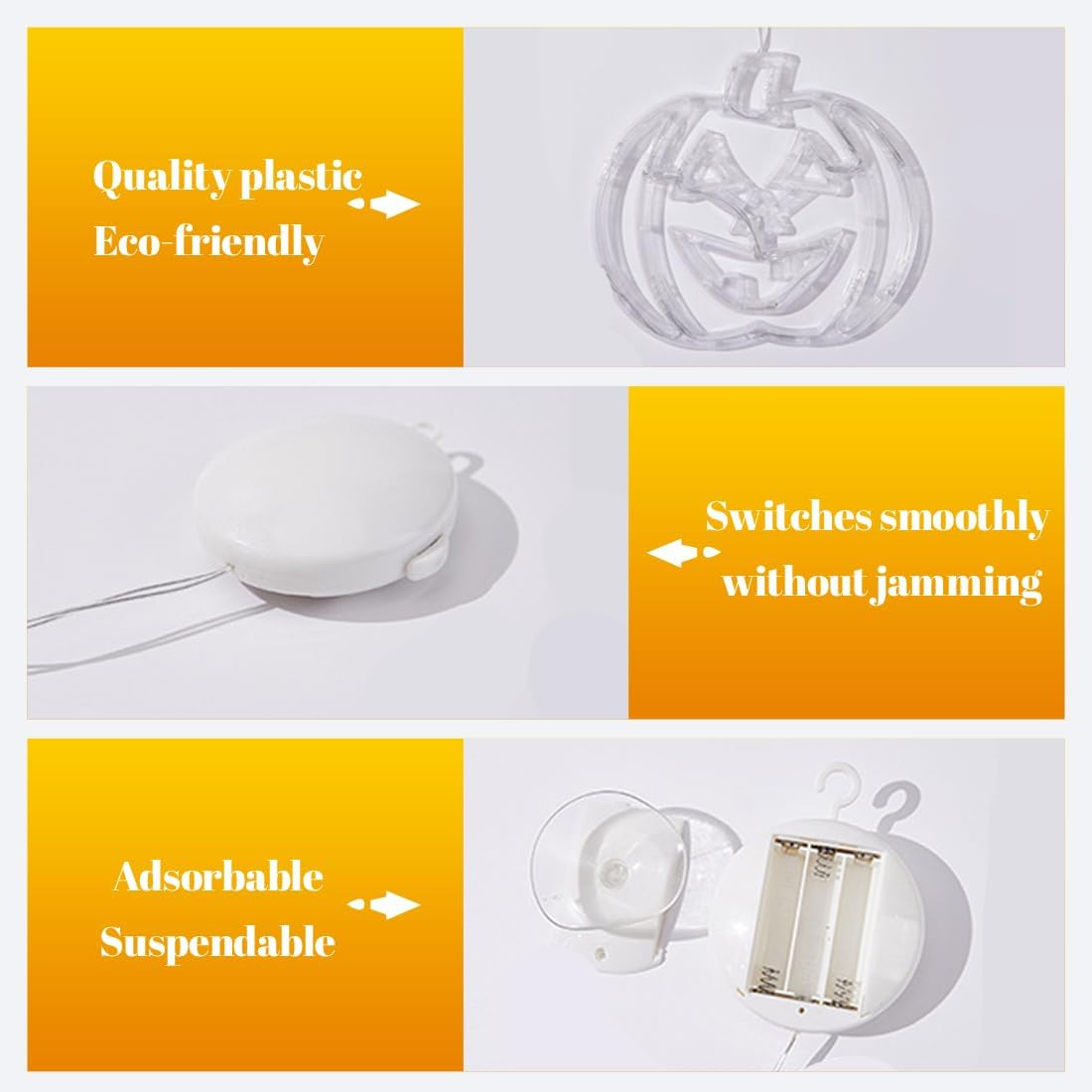 3 Pcs Halloween Window Lights with Suction Cup, Battery Operated Indoor Lighting, Halloween Decorations (Orange, Green, White) image number 5