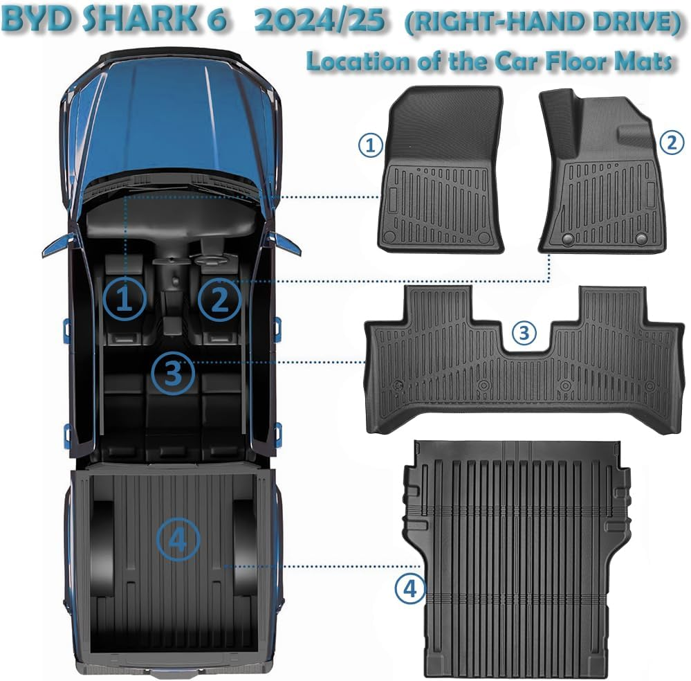 TPE Floor Mats & Bed Liner for BYD Shark 6 2024 2025 &ndash; Heavy Duty 4WD Ute Car Mats | All-Weather Custom Fit | Right Hand Drive Only (Foot Mats + Truck Bed Mat) image number 4