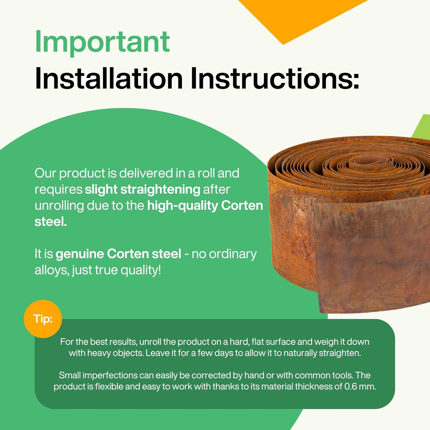 Corten Steel Lawn Edging 10 M - Metal Flower Bed Edging 14 Cm High - Easy Assembly - Flower Bed Border with Grate, 1 Pair of Mounting Gloves Included image number 6