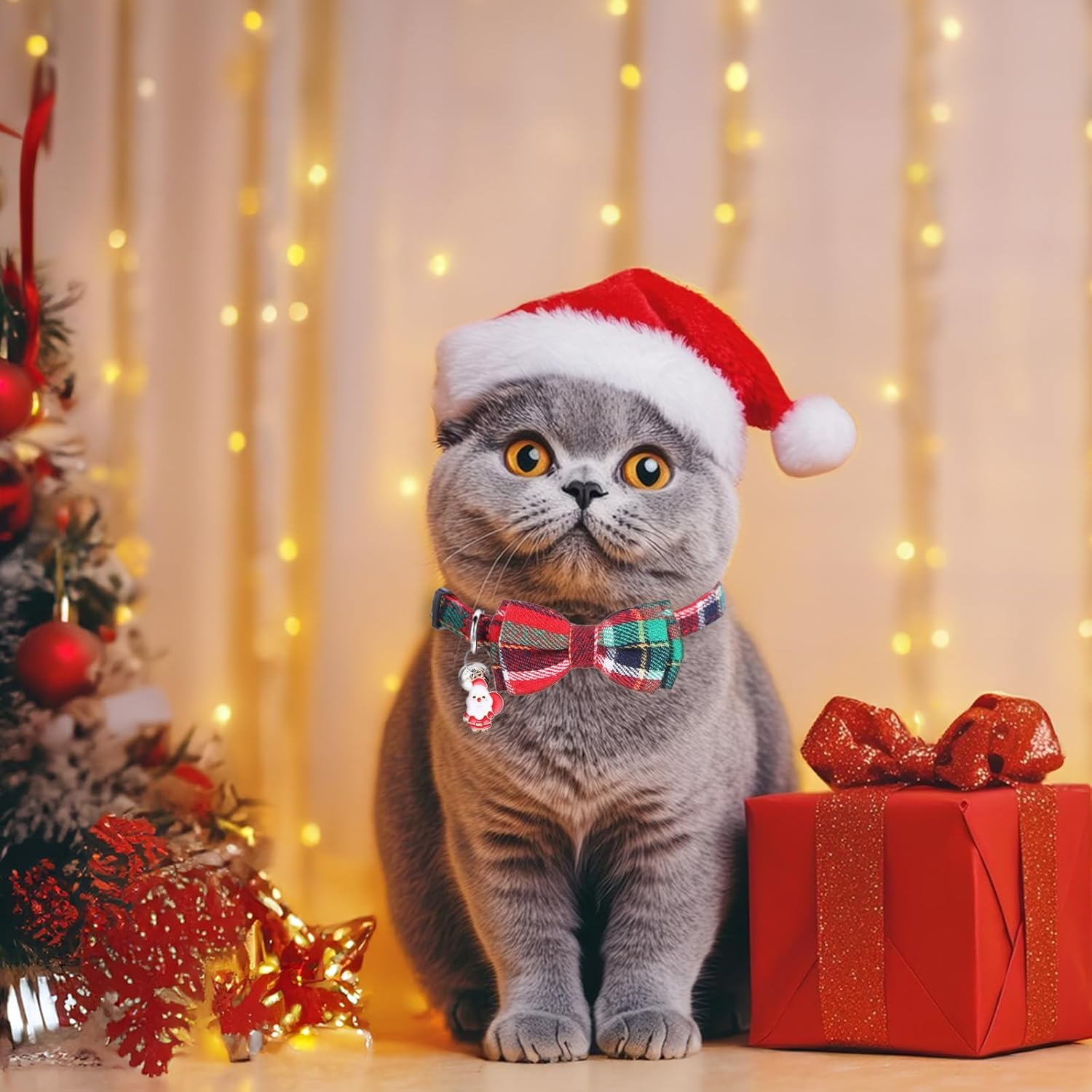 Prasacco Pack of 2 Christmas Cat Collars, 30 X 1 Cm, Adjustable Kitten Collar, Cute Cat Collar with Santa Claus, Christmas Tree, Small Bow and Bell (Green, Red) image number 2