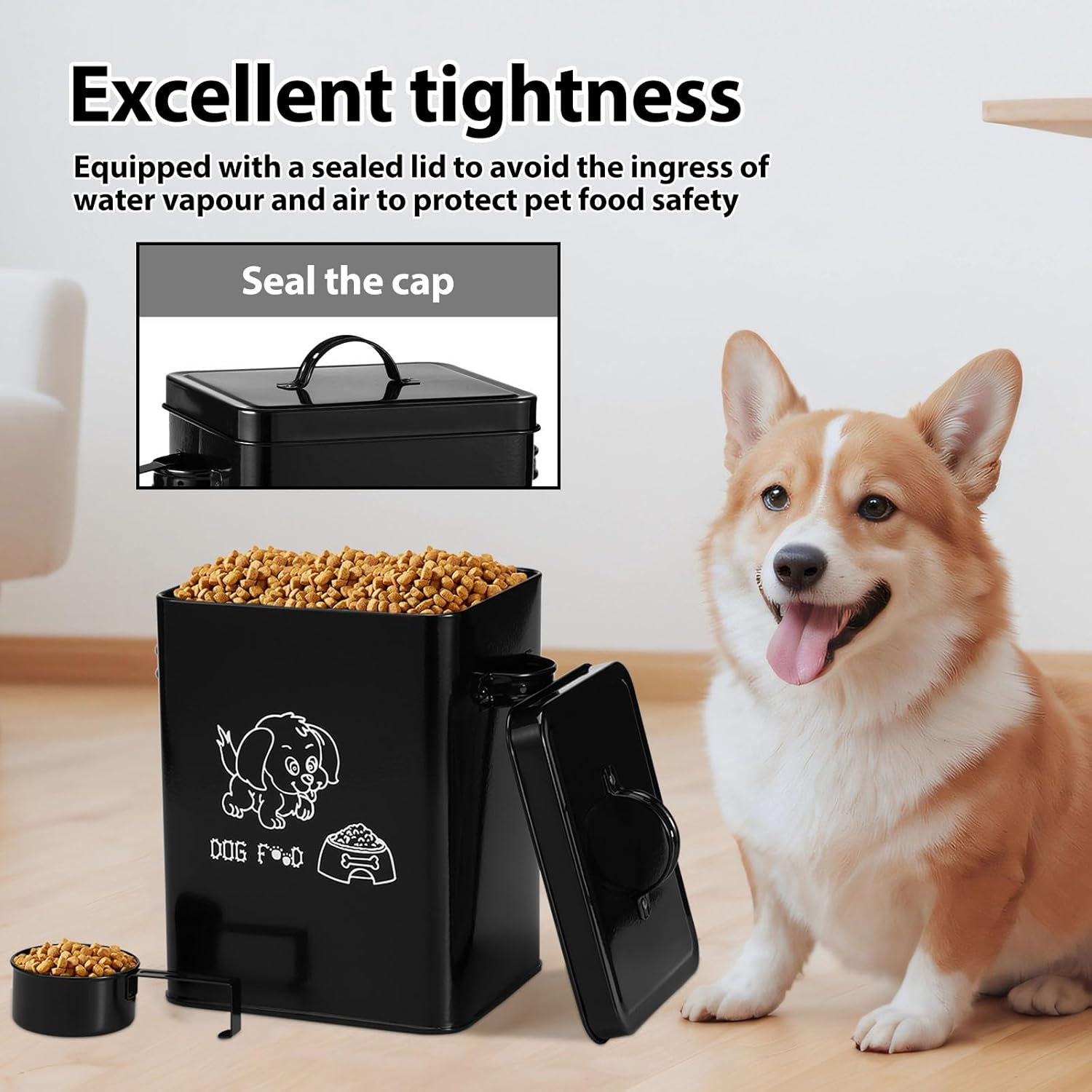 Fwqofvk Dog Food Storage Container, Metal Cat Food Storage Container, Good Sealing Square Dog Can with Lid and Spoon, Pet Chow Storage Canister Tin for Home 18&times;15.5&times;23Cm Black
