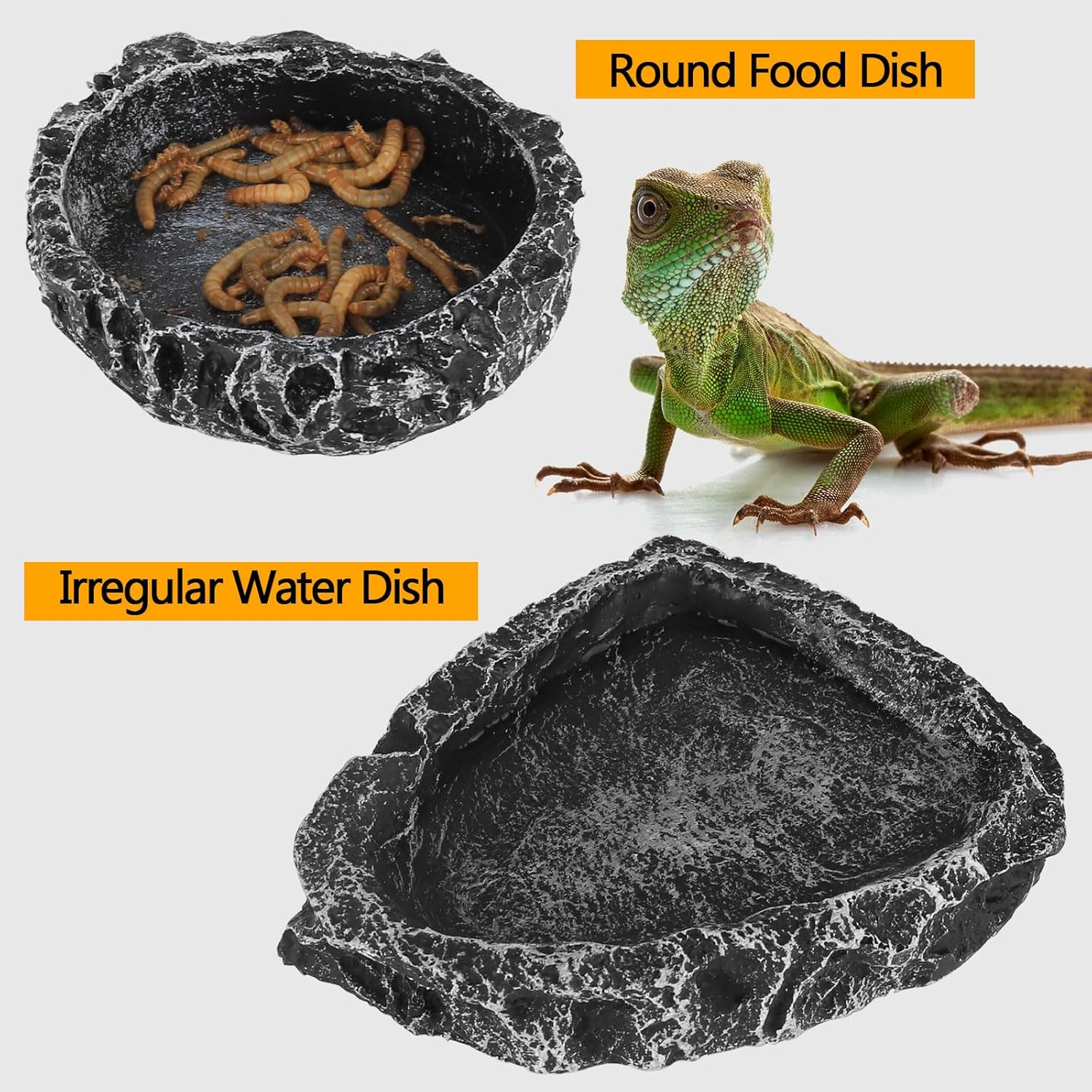 Reptile Water Dish Food Bowl for Bearded Dragon Tank Accessories, Hygger Zoo Reptile Rock Feeder for Reptile Tank 2 Pack Corner Resin Terrarium Bowl for Leopard Gecko Hermit Crab Tortoise Snake, Black - Black image number 1
