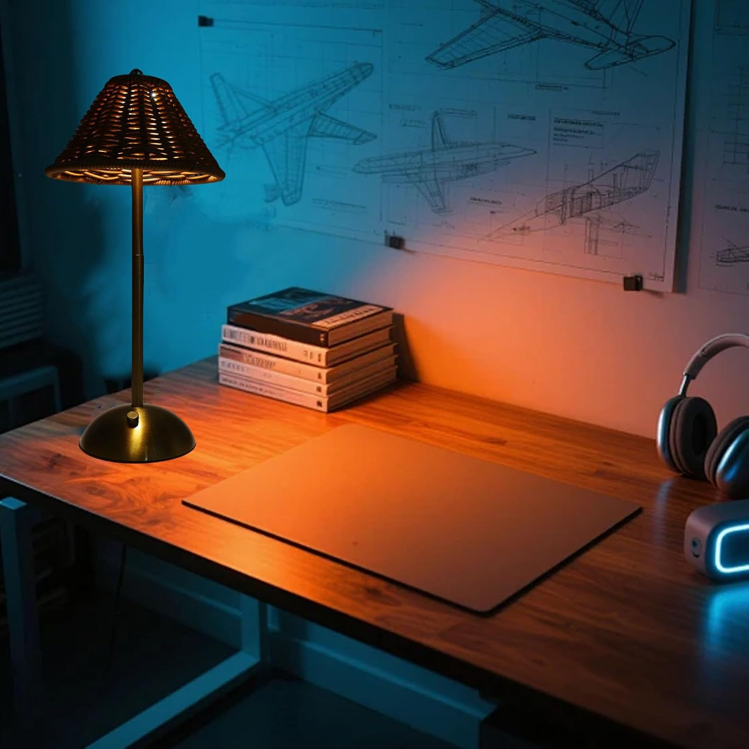 Asixxsix Boho Rattan Table Lamp, Rechargeable Dimmable LED Bedside Lamp, Boho Cordless Table Lamps Decorative Lighting for Home Restaurant Hotel Dining Table Kitchen image number 2