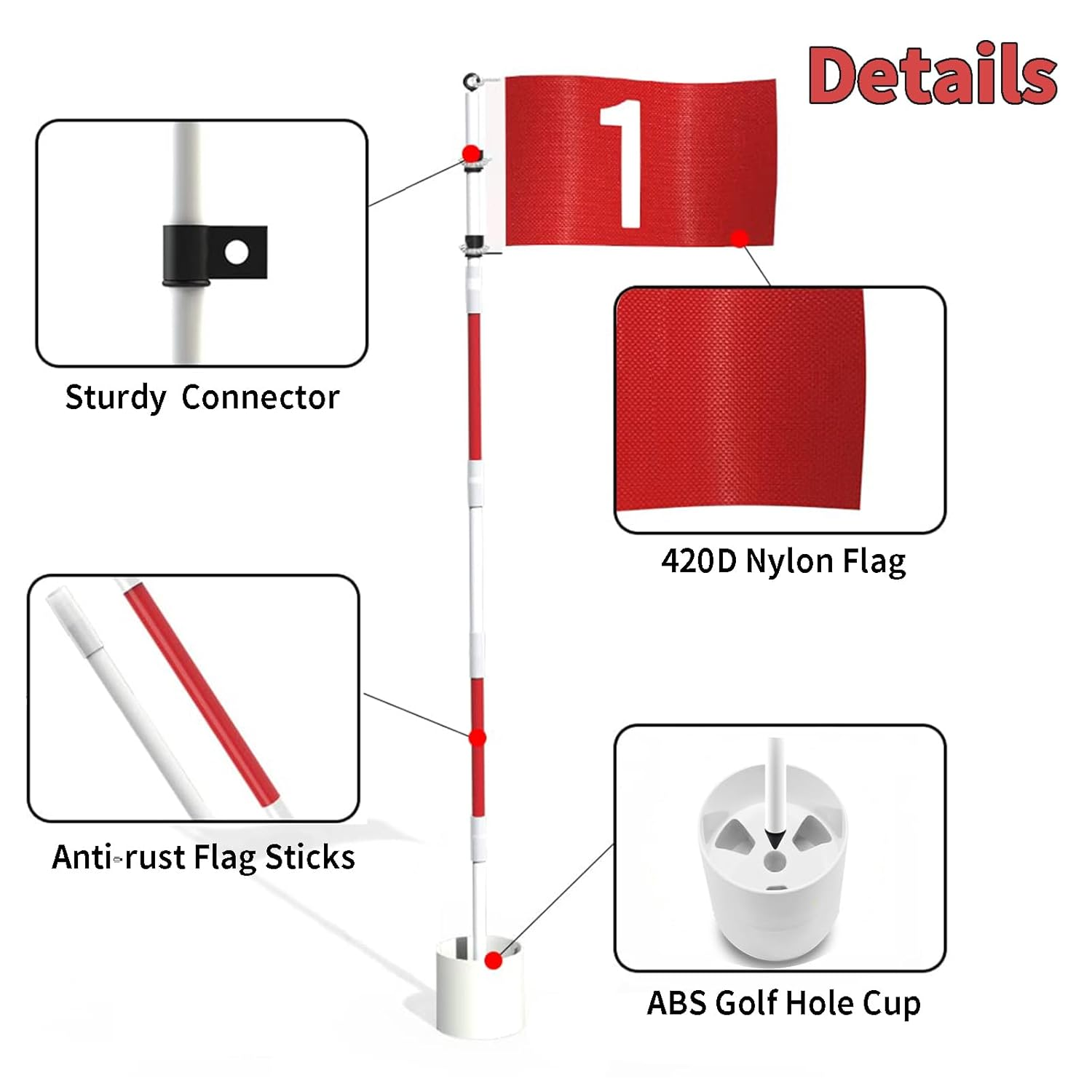 Golf Flagstick 6Ft, 185Cm Portable Five-Section Design for Backyard Practice Putting Green, Driving Range Golf Pin Flag Hole Cup Set, Gift Idea image number 4