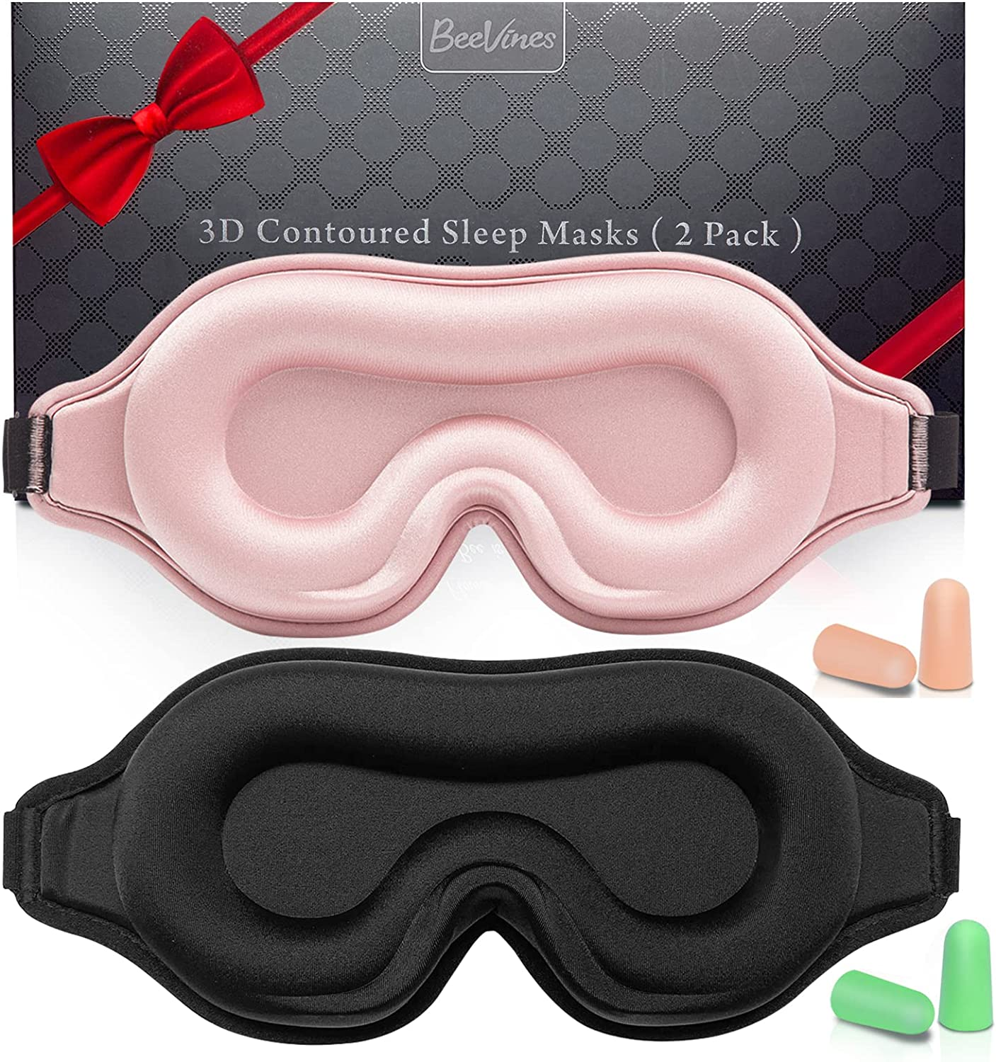 Sleep Mask for Men & Women, 2 Pack 3D Contoured Eye Mask for Sleeping with Adjustable Strap, Beevines Molded Night Sleep Mask Blindfold, Soft Breathable Shade Cover for Travel Yoga Nap（Black & Purple）