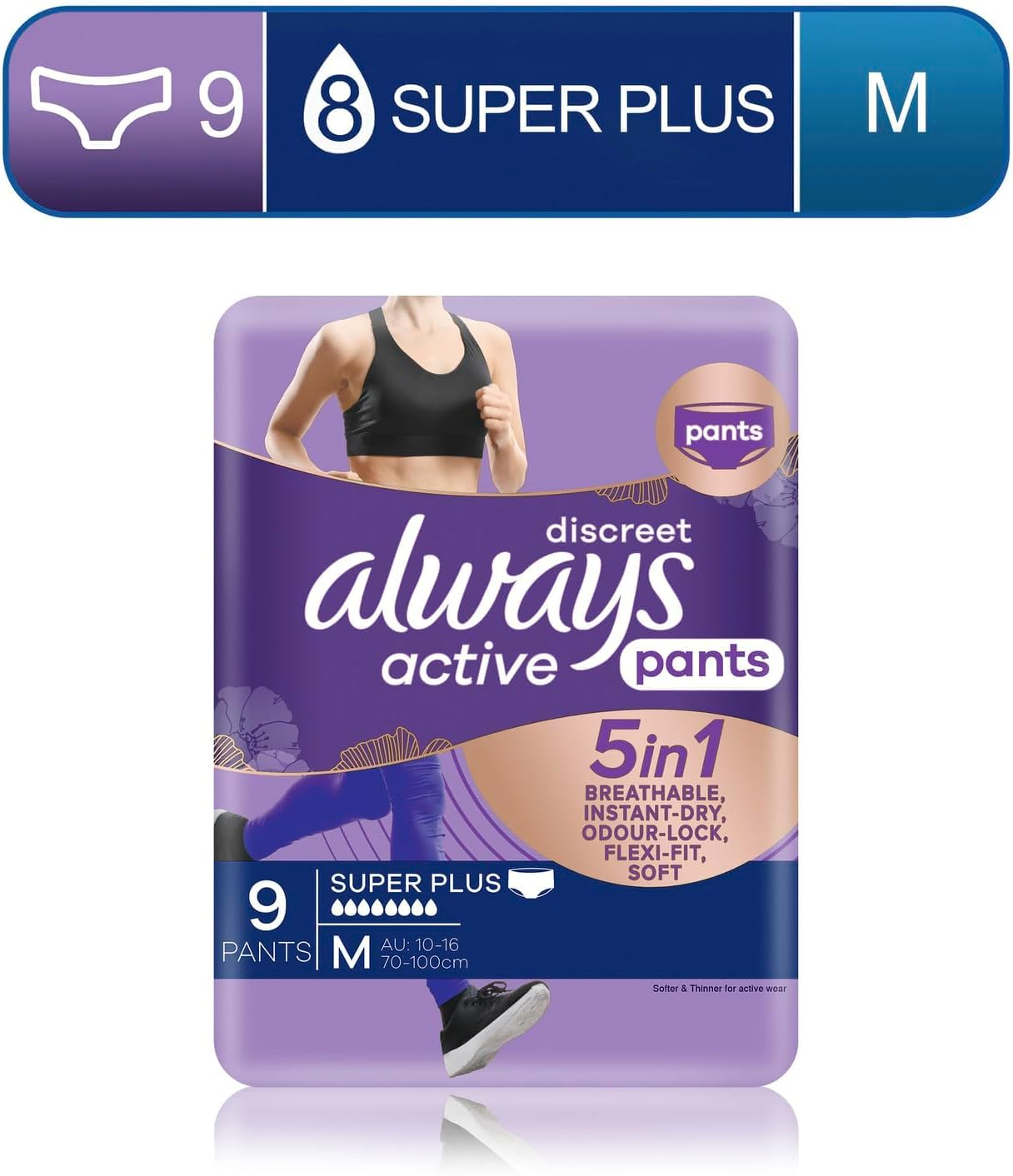 Always Discreet Active Wear Pants for Bladder Leaks and Adult Incontinence, Medium 9 Pants image number 1