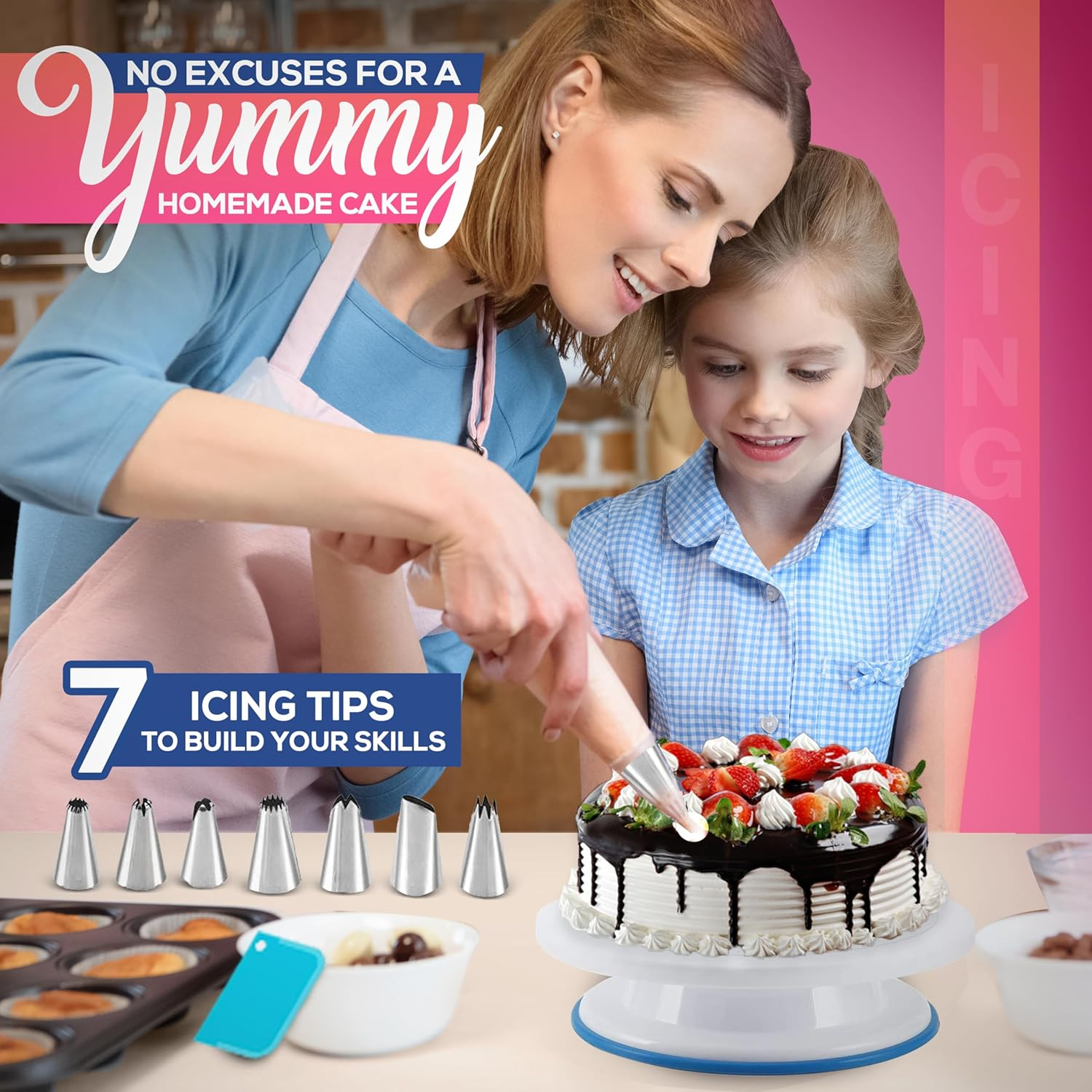 RFAQK 35Pcs Cake Turntable and Leveler-Rotating Cake Stand with Non Slip Pad-7 Icing Tips and 20 Bags- Straight & Offset Spatula-3 Sc Set -Ebook -Baking Tools image number 3