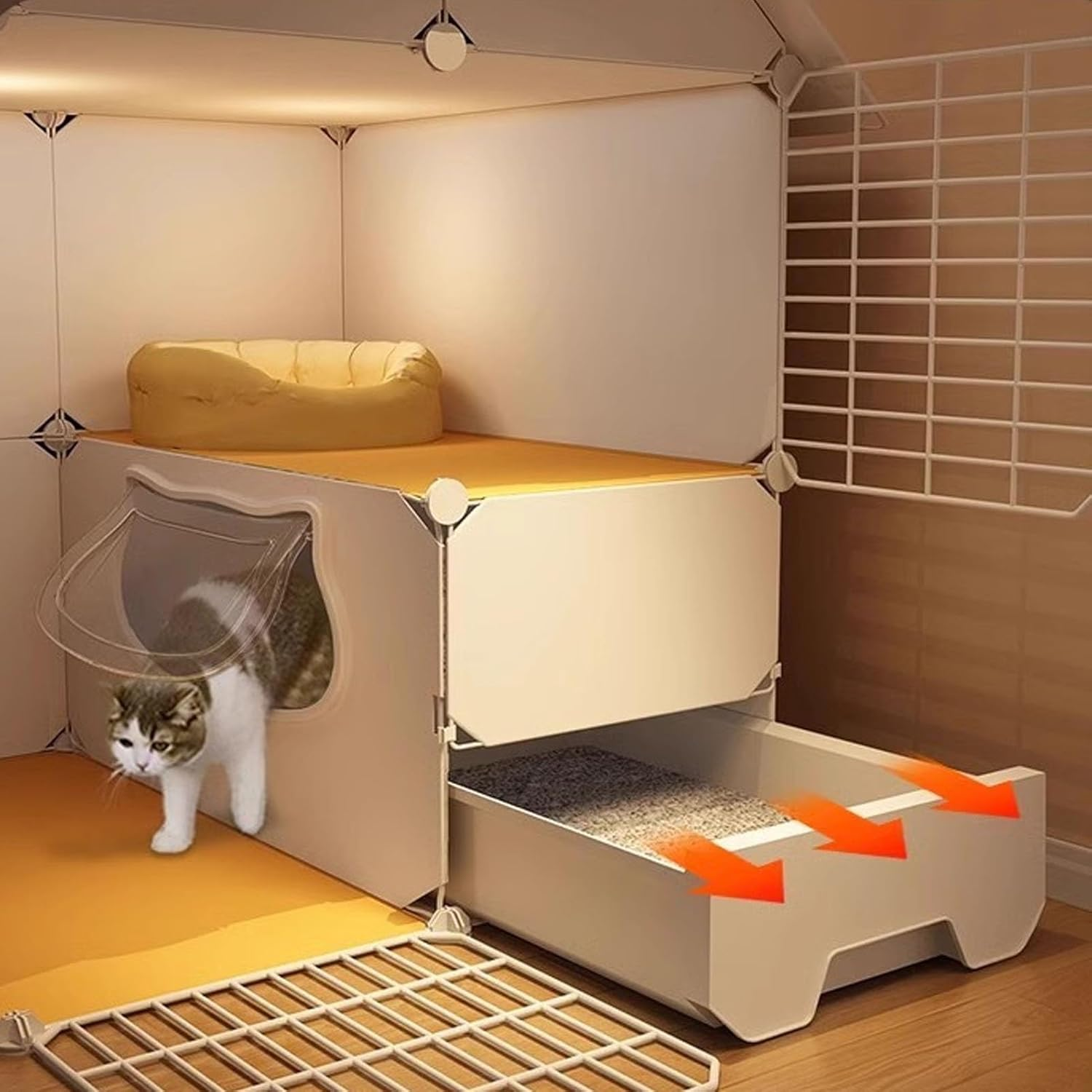 Cat Enclosures Indoor, DIY Cat Cage Detachable with Litter Box, Cats Plaype with Triangular Roof, 2-Tier Cute Cats House, Easy to Install(39Cm/15.4In) image number 1