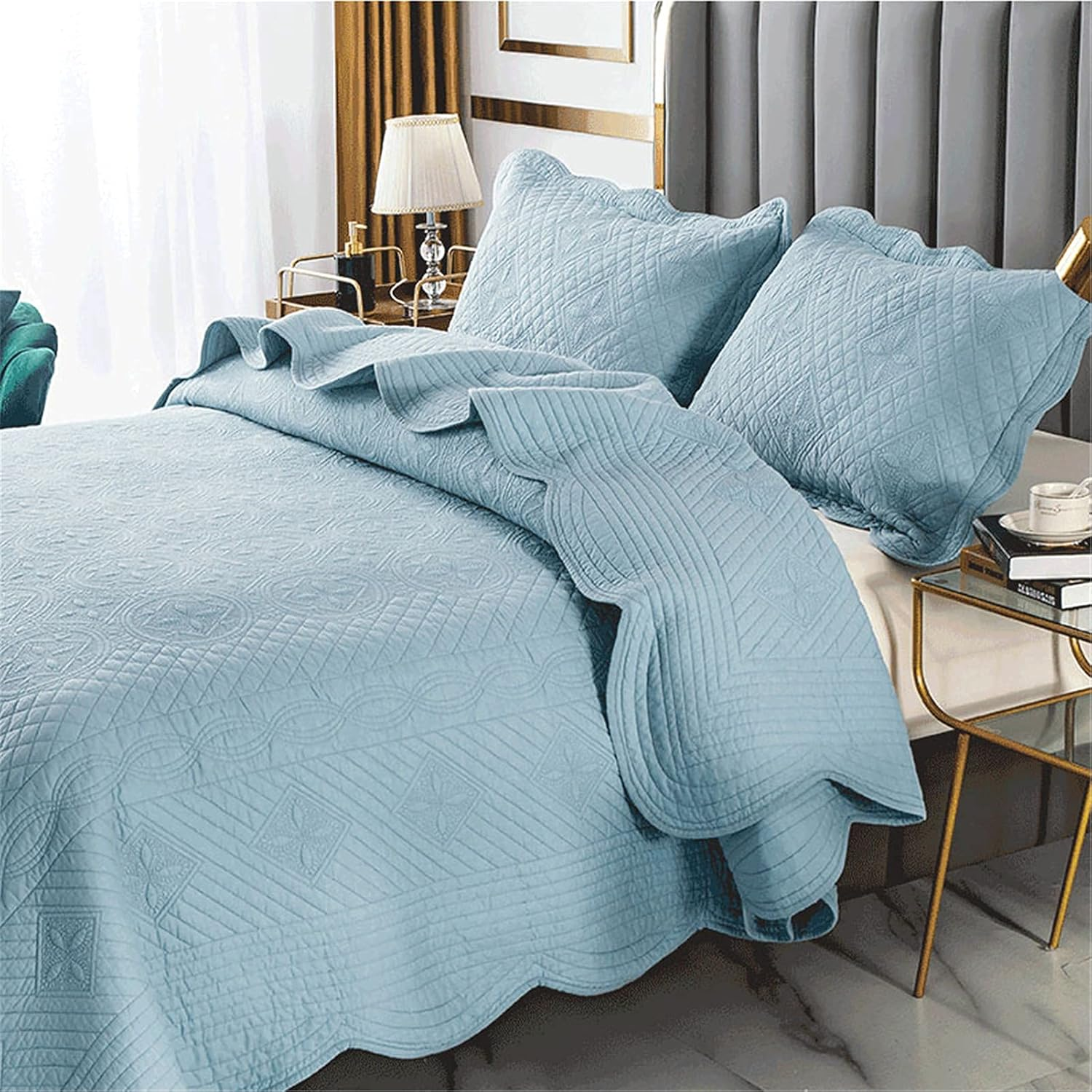 Quilt Set Bedding Set Cotton Handmade All Season Quilt Bnket Sheets Super King Bed Cover 243X270Cm with 2 Pillowcase,White,224 * 234Cm(Khaki,270 * 234Cm) image number 6