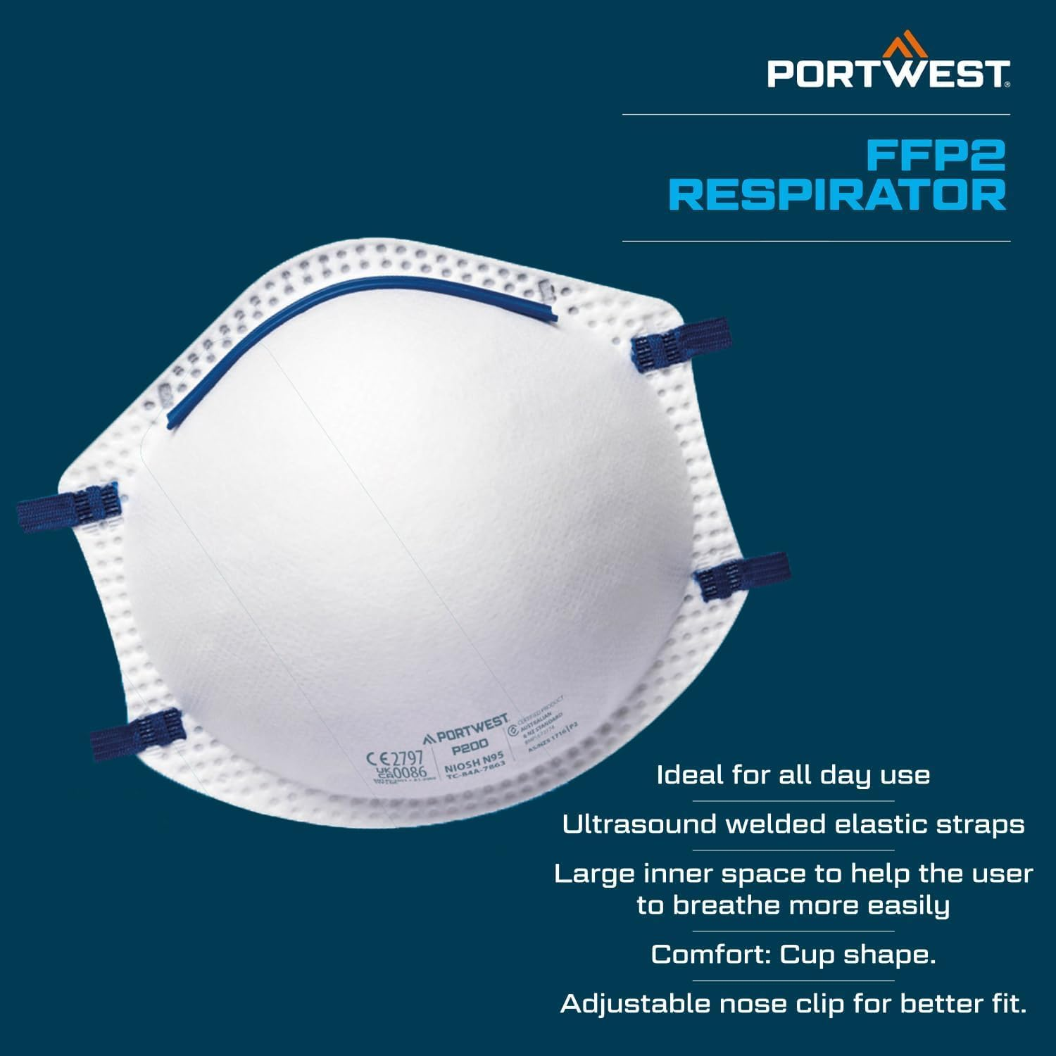 Portwest P200 Disposable FFP2 Dust Mist Respirator Face Mask (Pack of 20) White image number 6