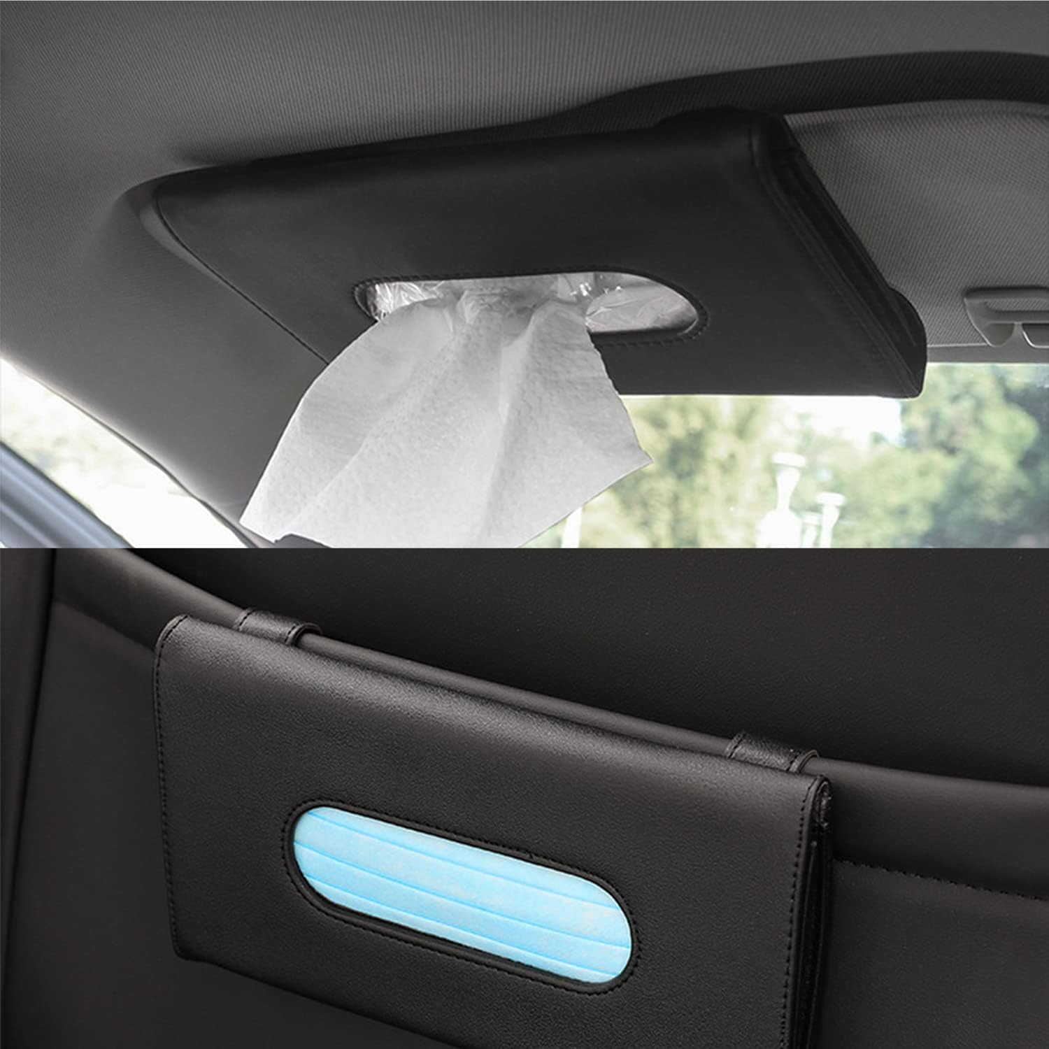 Custelen Premium Black Leather Tissue and Mask Holder for Car Sun Visor - Rectangular Napkin and Mask Dispenser image number 2