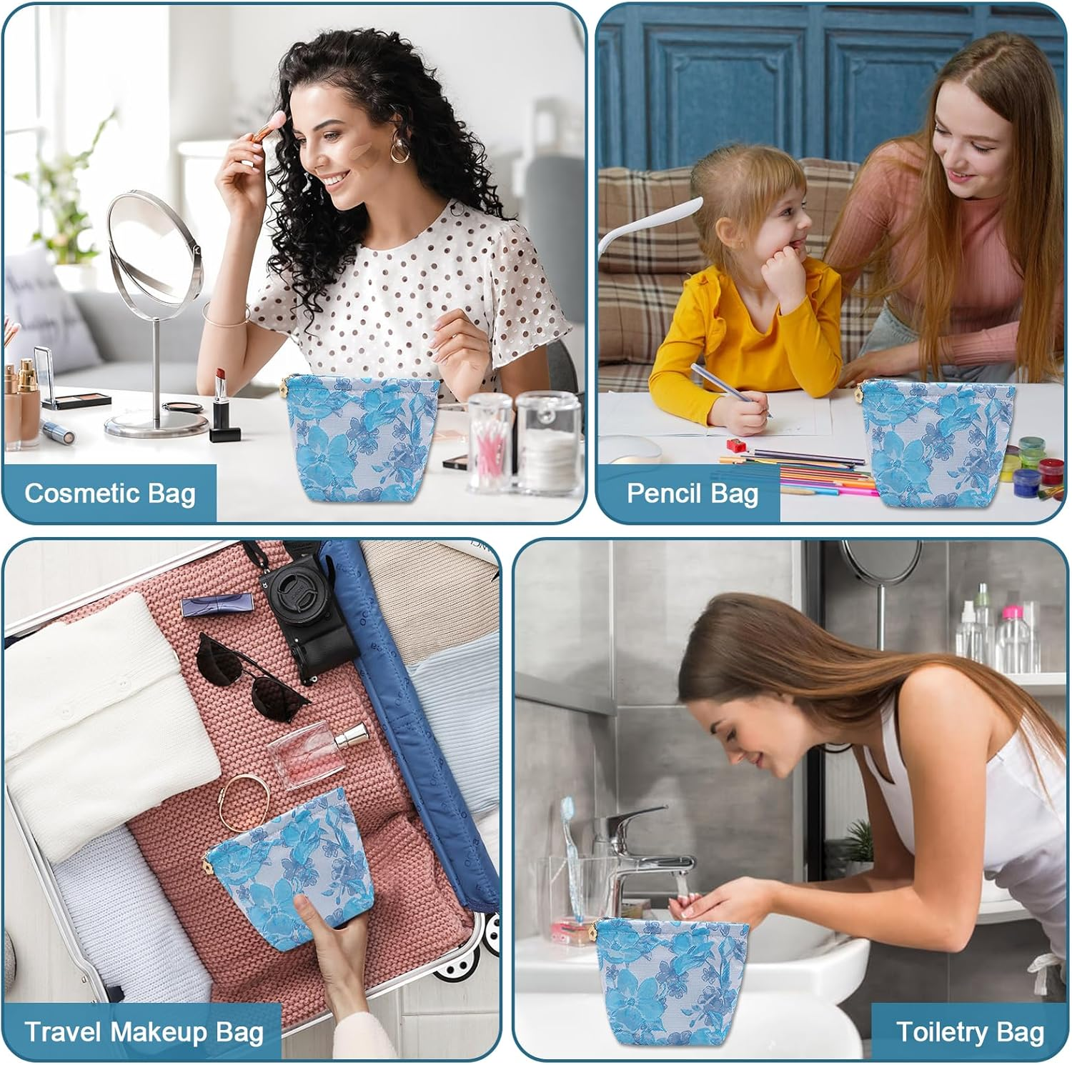 LJCZKA Small Floral Makeup Bags,Mini Cosmetic Bag with Zipper Small Pouches for Purse Floral Travel Toiletry Bag for Women Girls Teen, Iceblue, Fashion - Pink image number 2