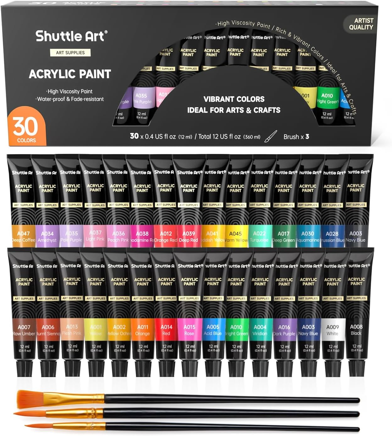 Shuttle Art Acrylic Paint Set, 30 X12Ml Tubes Artist Quality Non Toxic Colours Acrylic Paint, Great for Kids Adults Professional Painting on Canvas Wood Clay Fabric Ceramic Crafts image number 3
