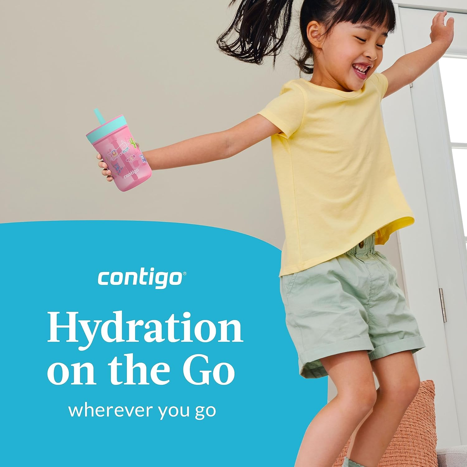 Contigo Leighton Kids Plastic Water Bottle, Spill-Proof Tumbler with Straw for Kids, Dishwasher Safe, 14Oz 2-Pack, Blue Raspberry/Butterflies & Azalea/Llamas image number 5