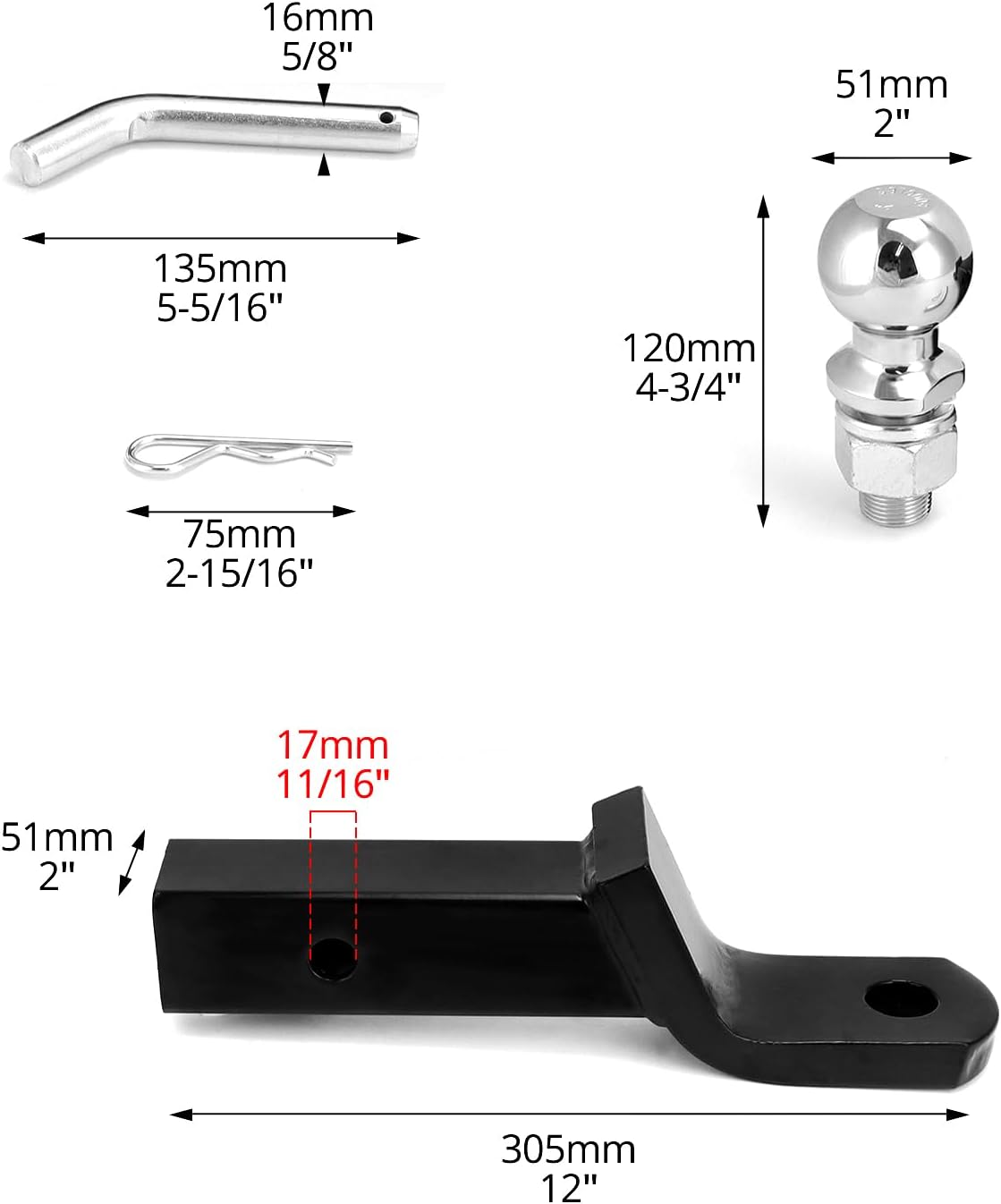 QWORK&reg; Towing Hitch for US Vehicles Lowered 50 Mm - 2800 Kg Load Capacity - 50 Mm Ball Mount - 16 Mm Pin and Clip