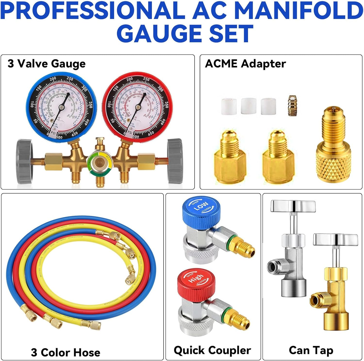 AC Manifold Gauge Set for R134A R12 R22 R502, 3 Way Refrigerant Diagnostic Kit with 1.2M Hose, Quick Couplers, Puncturing Can Tap, 1/4" to 1/2" Adapter for Car and Home HVAC Recharge and Maintenance image number 5