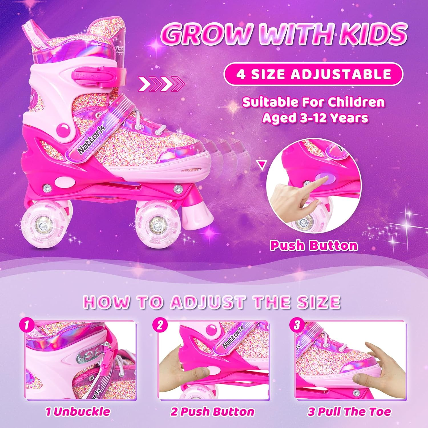 Nattork Kids Roller Skates for Girls Kids, 4 Sizes Adjustable Girls Roller Skates for Ages 3-12 with Light up Wheels & Safety Protection - Cool Indoor Outdoor Sports image number 5