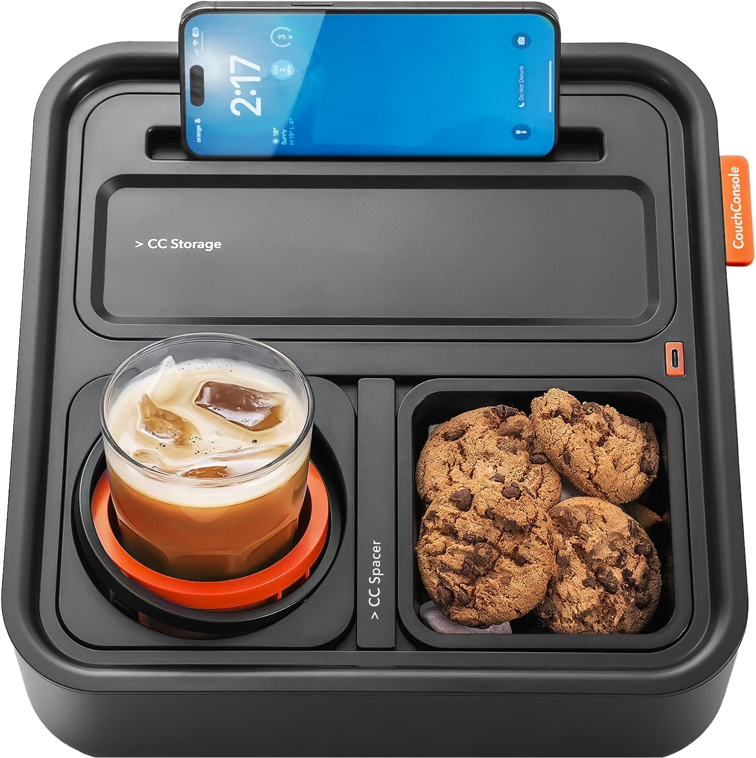 Couchconsole Original Tray - Drinks & Snacks Sofa Caddy with Armrest, Table with Phone Stand- TV Remote Control Storage and Organizer - for Living Rooms, RV, and Cars, Black/Orange image number 6