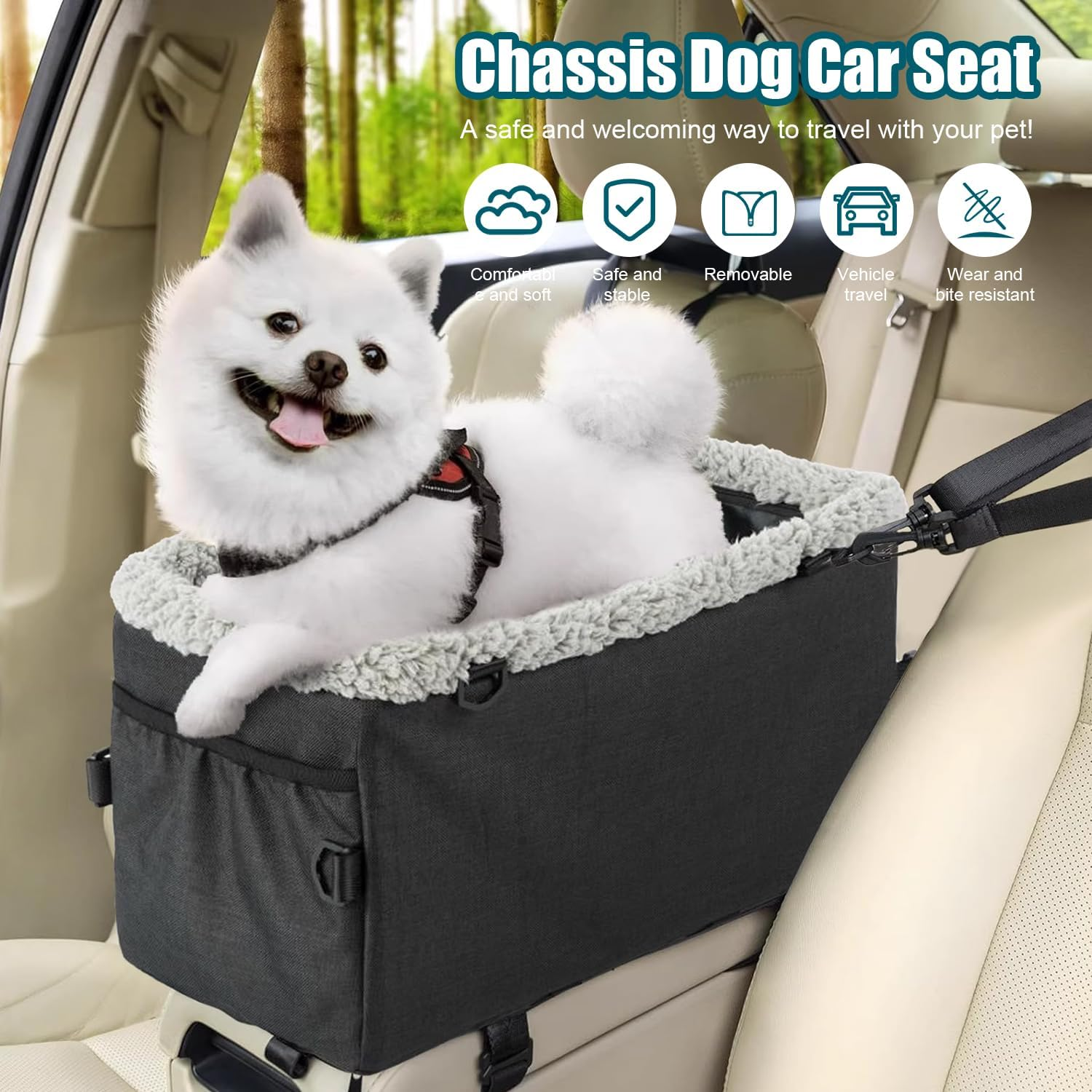 Dog Car Seat, Dog Booster Car Seat, with Seat Belt and Cushion. Pet Car Seat, Anti-Collapse Center Console Dog Car Se, with Removable Support, Adjustable Shoulder Strap for Small Dogs image number 5