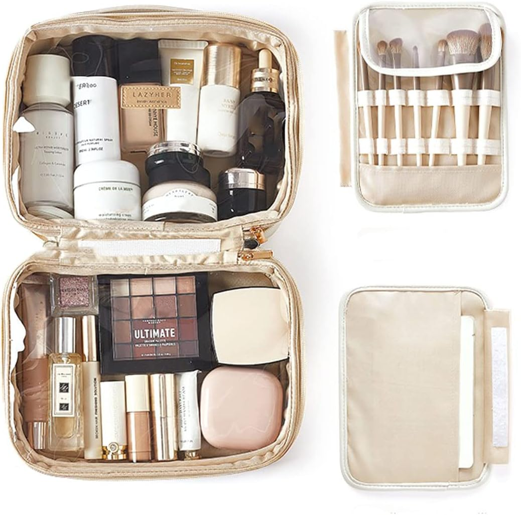 DDPOND Portable Large Capacity Cosmetic Bag, Skincare Products, Makeup Brush Storage, Double Layer (White) - Pink image number 3