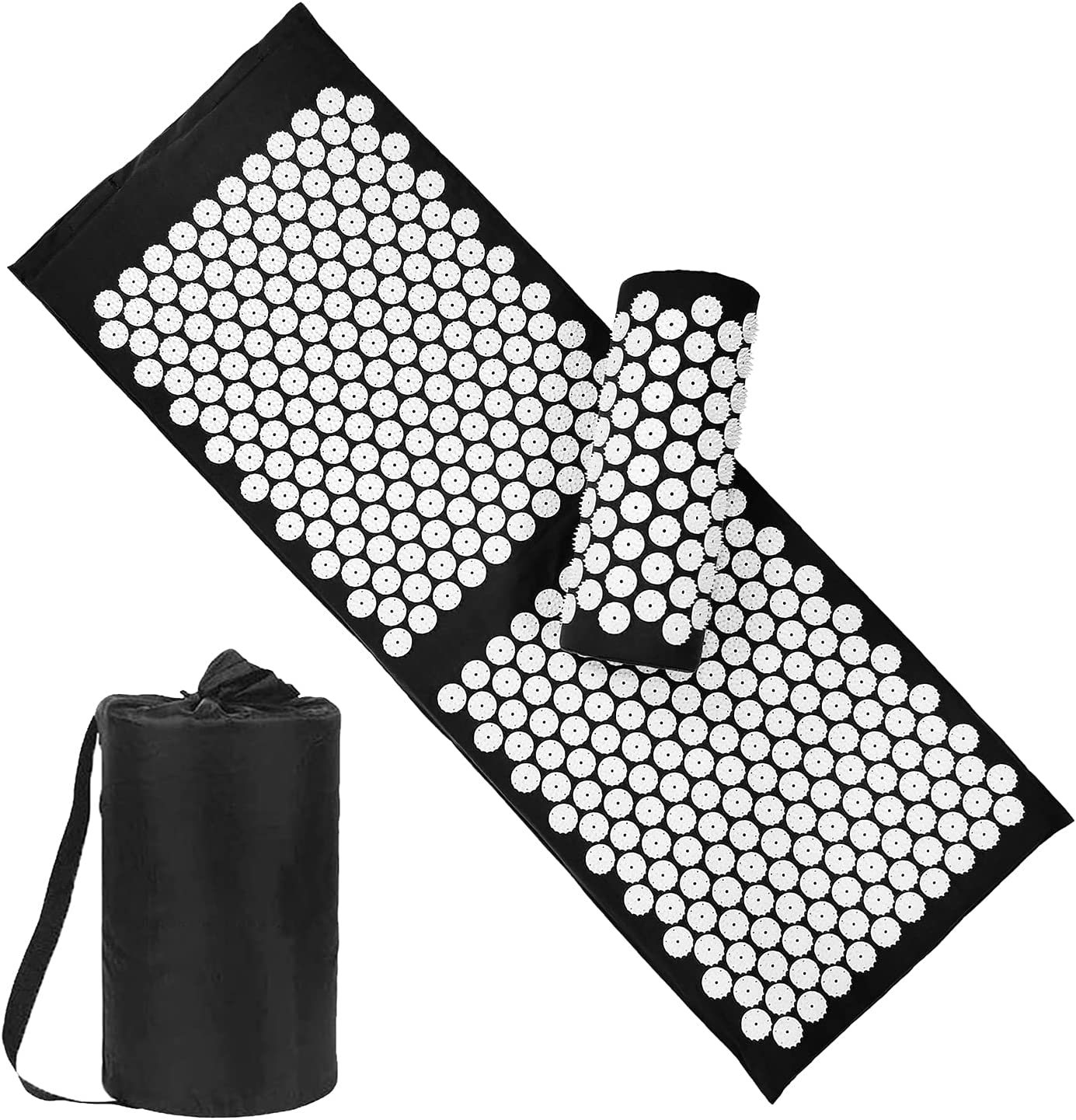 Yoga Acupressure Mat and Pillow Set with Bag - Extra Long 73X42Cm Massage Acupuncture Mat - Naturally Relax Back, Neck and Feet Muscles - Stress and Pain Relief (Black)