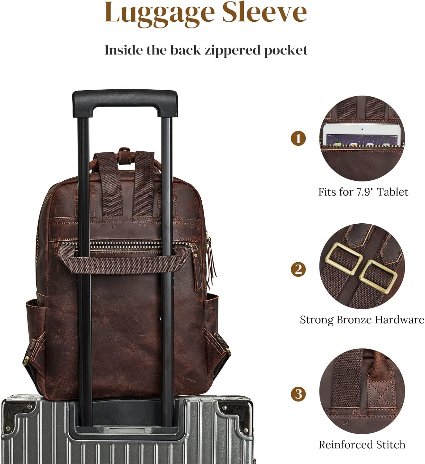 S-ZONE Vintage Genuine Leather Backpack Purse for Women Men Rucksack Travel Daypack with Luggage Sleeve image number 4