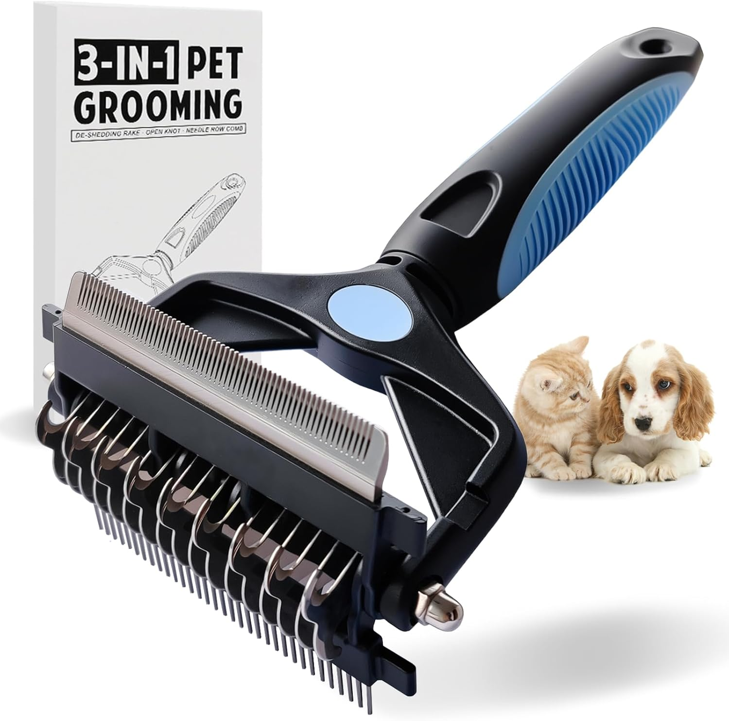Dog Grooming Brush,3-In-1 Pet Deshedding Tool&ndash;Grooming Brush for Dogs & Cats with Undercoat Rake & Dematting Comb (Blue) image number 6