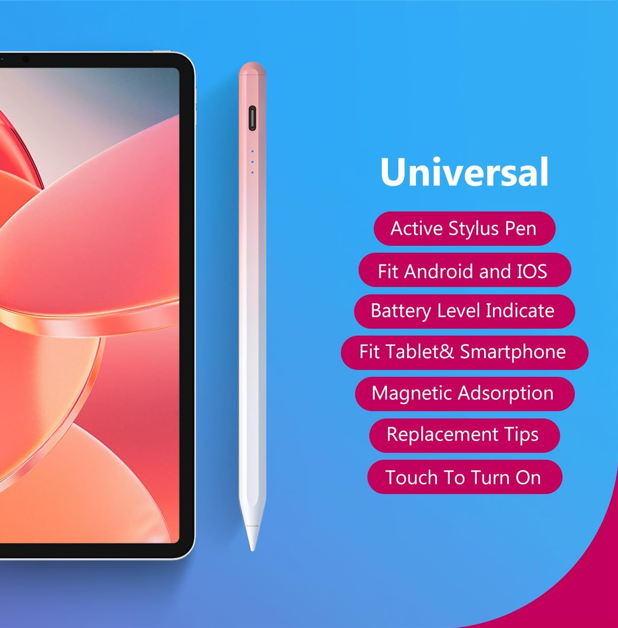 Active Stylus Pen Universal for Android/Ios Touch Screen Device, Upgraded Stylus Pen Rechargeable Stylus for Samsung/Ipad/Lenovo Tablet [Magnetic] [Touch Switch] [3 LED Indicator] (Pink) - White image number 2